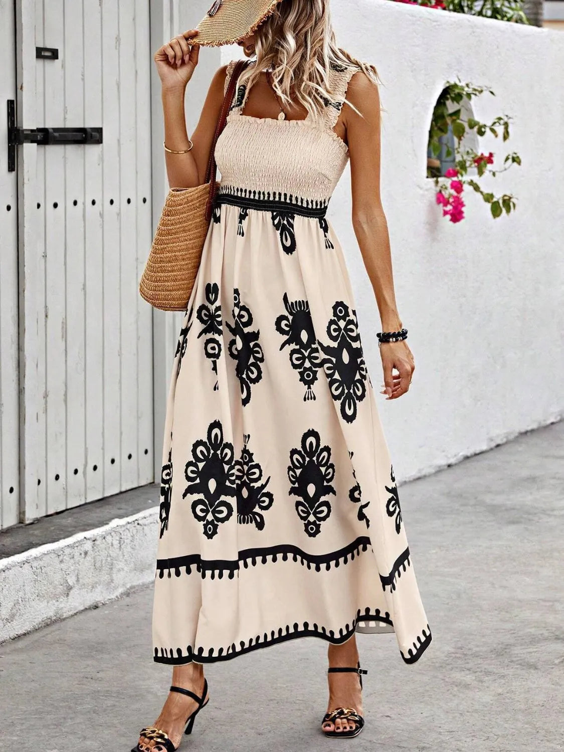 Smocked Printed Wide Strap Maxi Dress - Be Bliss Boutique
