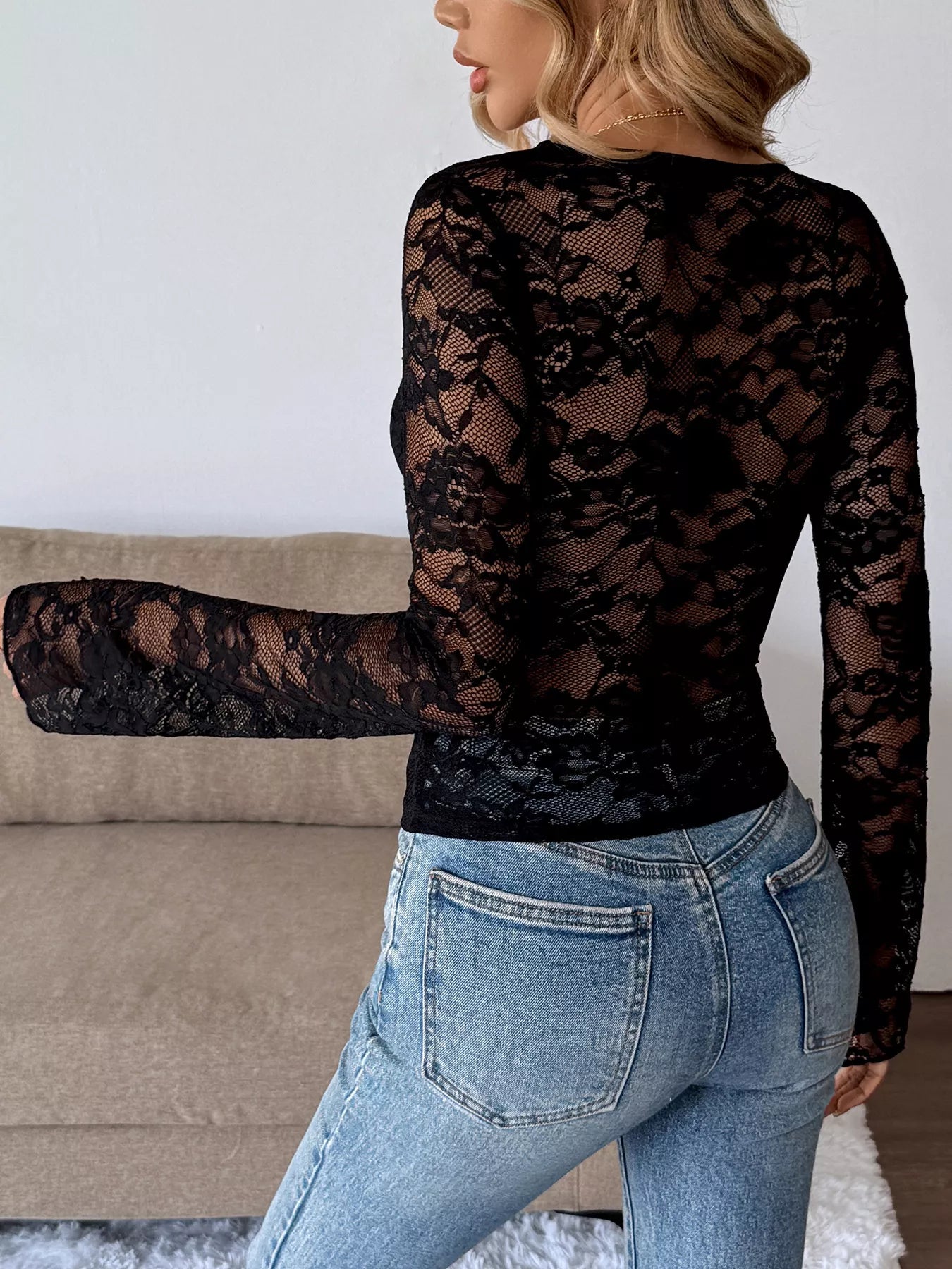Lace V-Neck Long Sleeve T-Shirt - Be Bliss Boutique