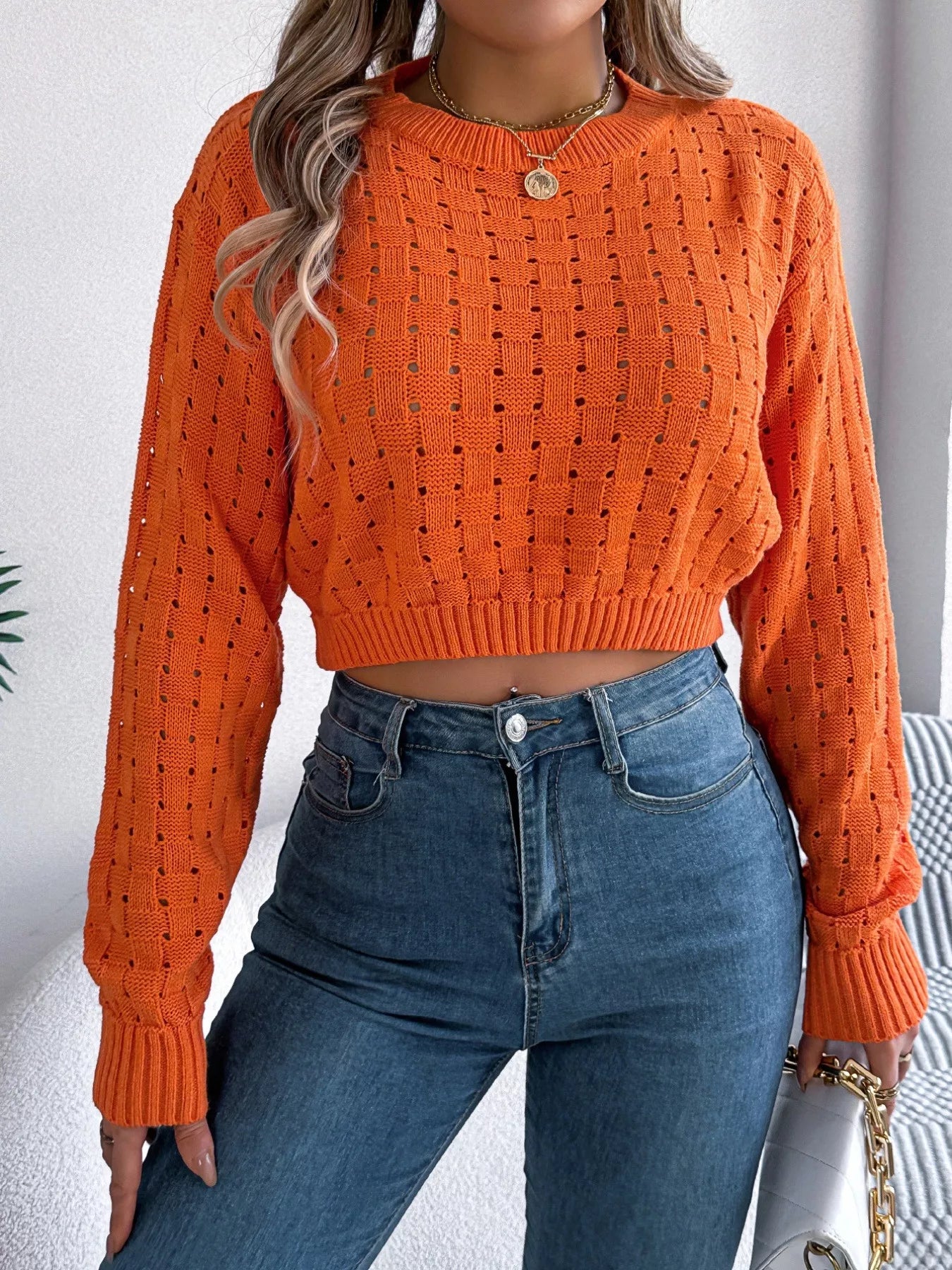 Cutout Back Openwork Round Neck Long Sleeve Sweater - Be Bliss Boutique