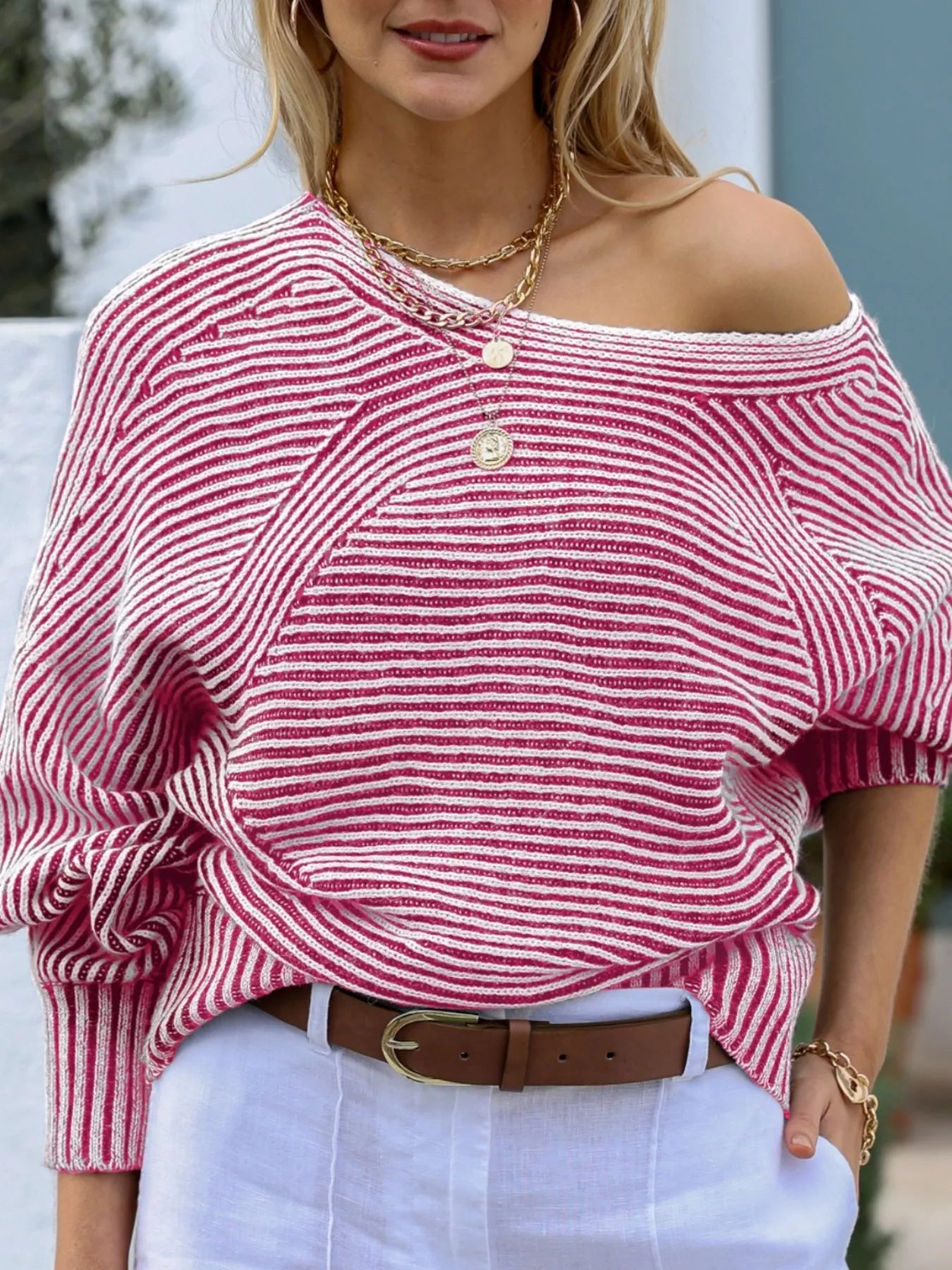 Striped Boat Neck Casual Sweater -  Be Bliss Boutique