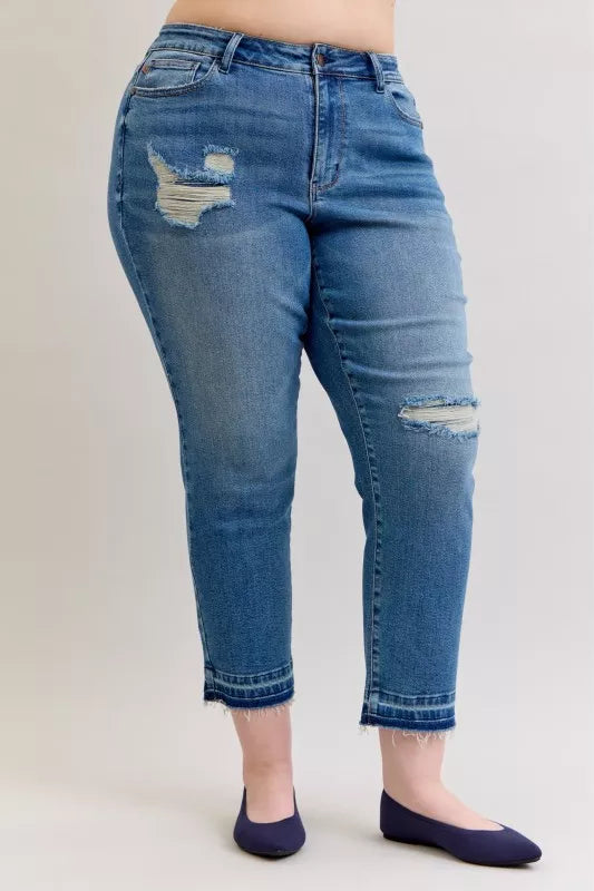 Judy Blue Full Size Mid Rise Bf Patch & Repair Destroy Release Hem Jeans Plus Size - Be Bliss Boutique