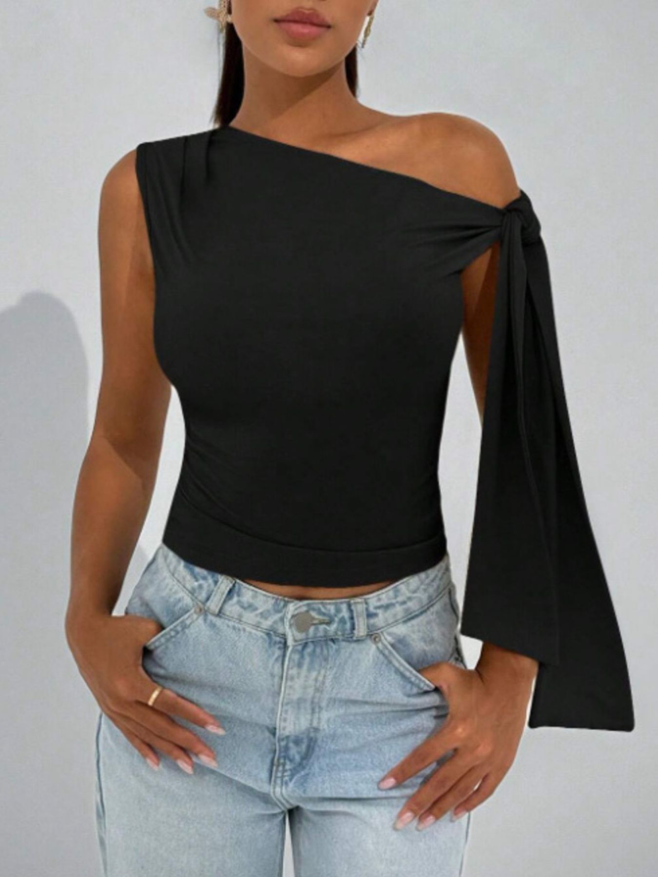 Tie Detail One Shoulder Top - Be Bliss Boutique