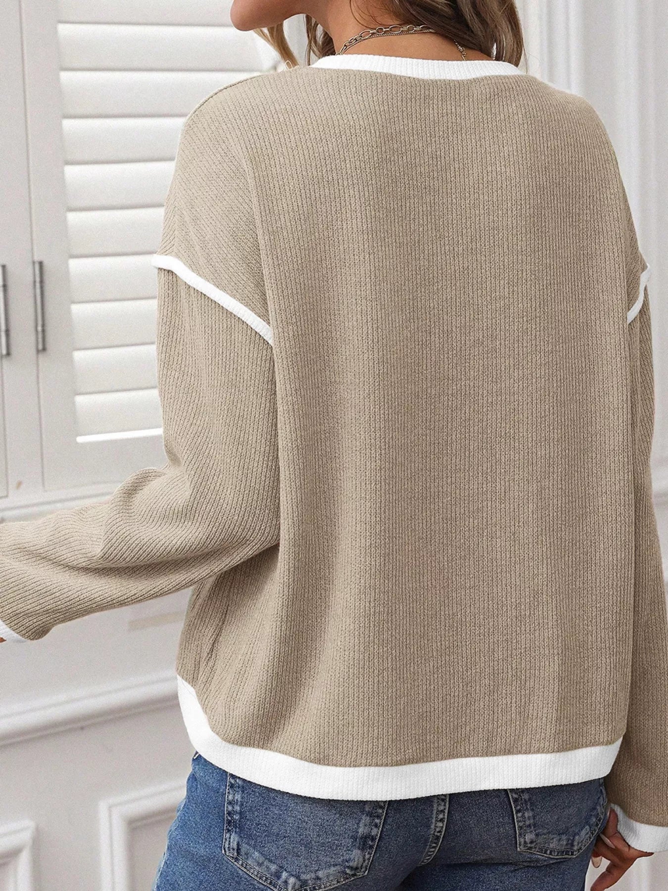 Contrast Color Trim Knit Drop Shoulder Loose Top - Be Bliss Boutique