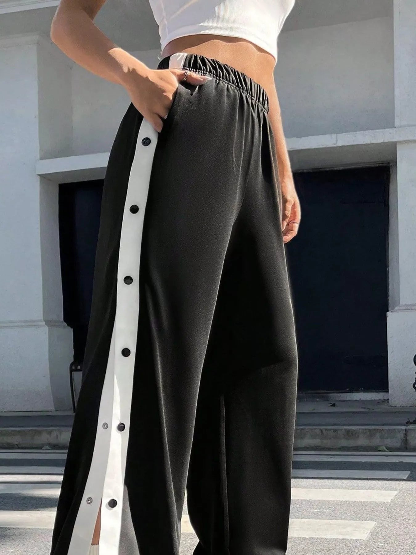 Two-Tone Side Snap Wide Leg Pants -  Be Bliss Boutique