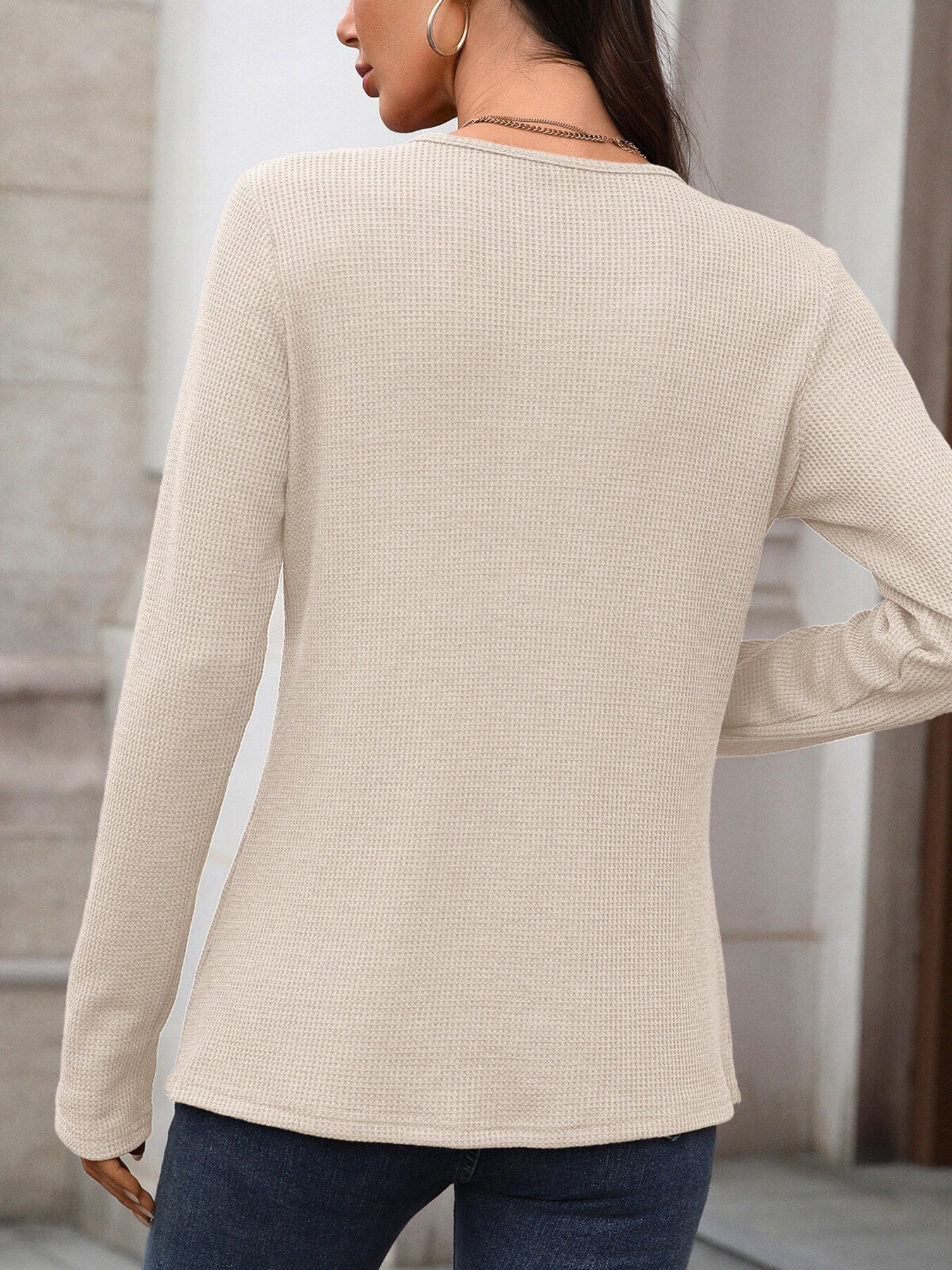 Women's Waffle Knit Long Sleeve Button Henley T Shirt - Be Bliss Boutique
