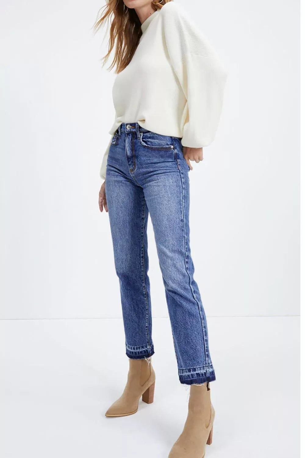 Whiskered Wash Raw Hem Cropped Jeans - Be Bliss Boutique