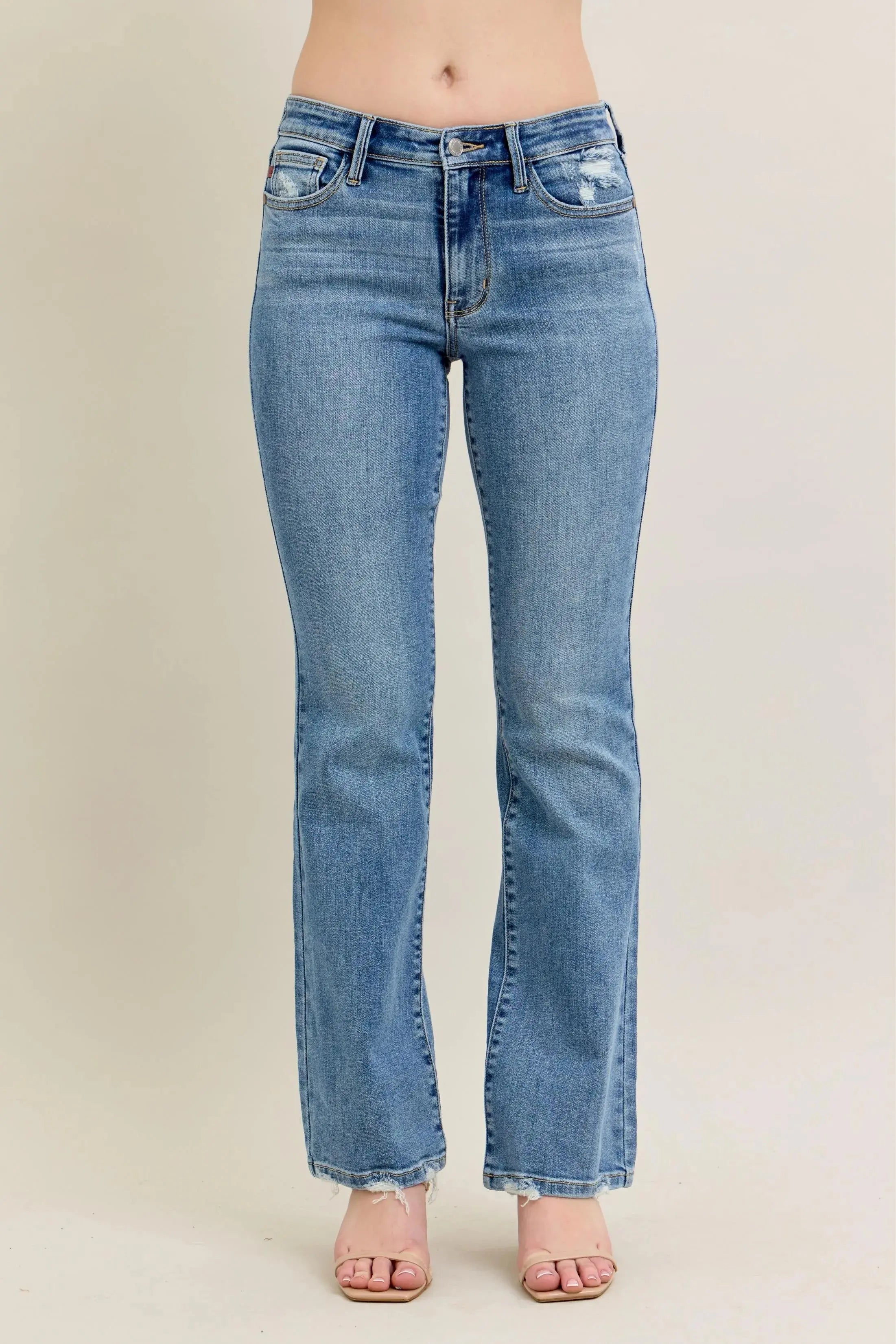 Judy Blue Full Size Mid Rise Wash Destroy Hem Bootcut Jeans Plus Size |  Be Bliss Boutique