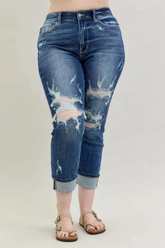 Judy Blue Full Size / Plus Size Mid Rise Cuffed Destroy Boyfriend Jeans |  Be Bliss Boutique
