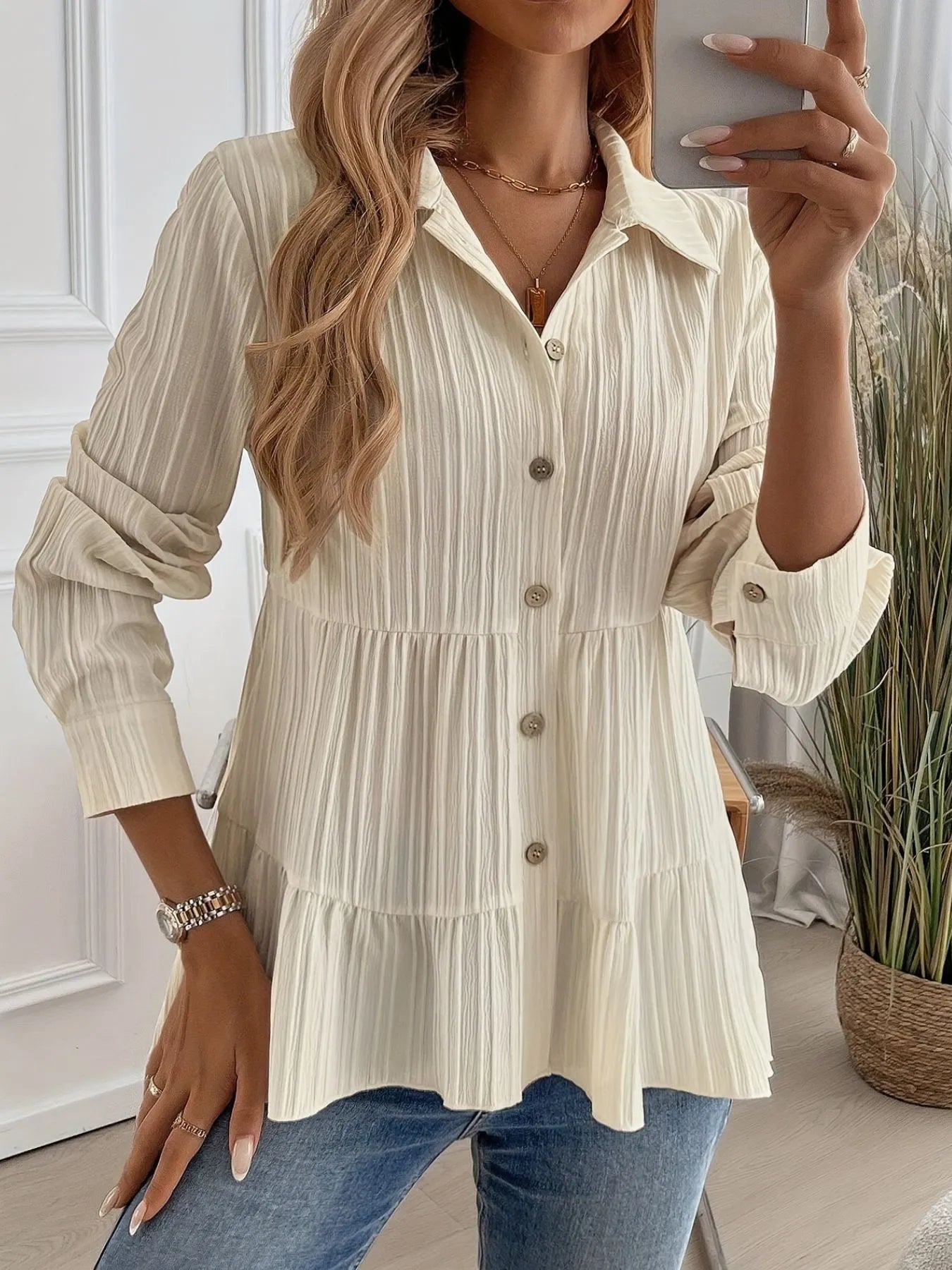 Striped Button-Down Tiered Shirt -  Be Bliss Boutique