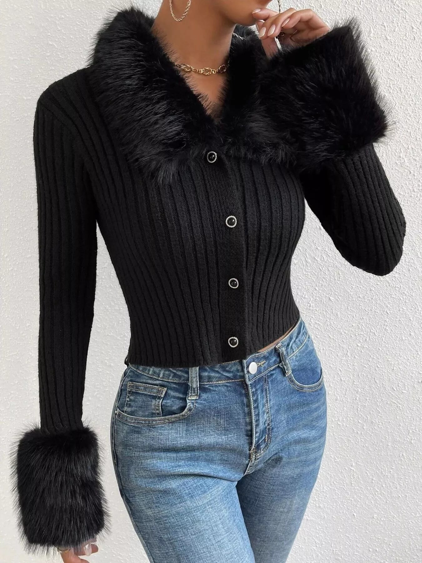 Faux Fur Trim Ribbed Knit Cropped Cardigan - Be Bliss Boutique
