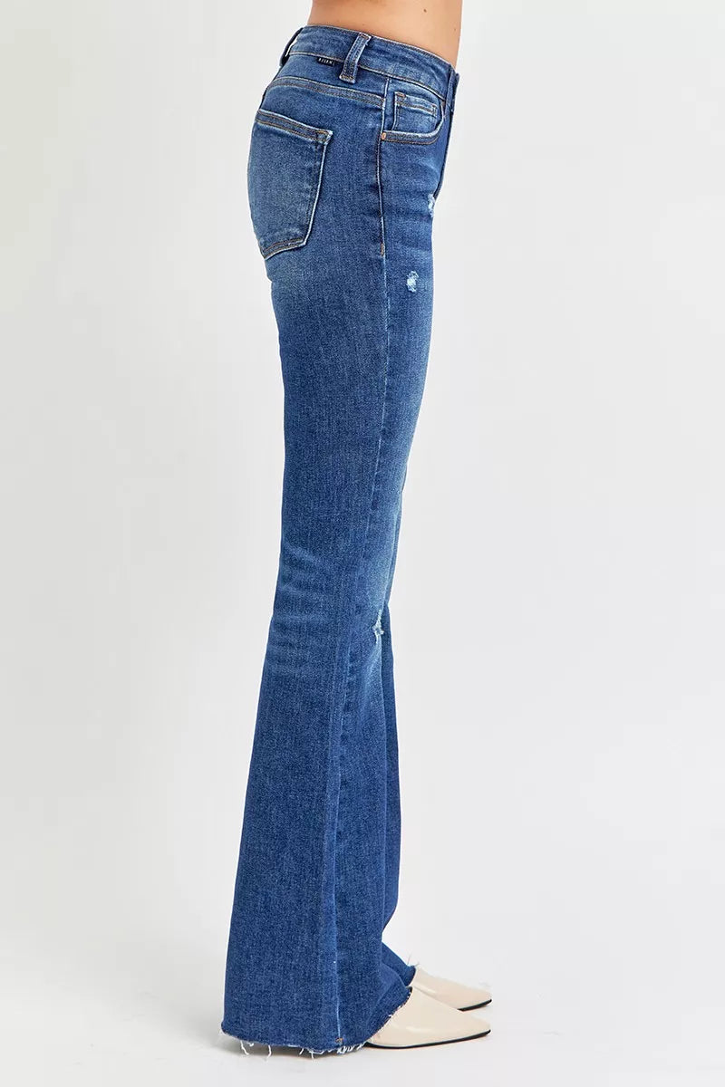 RISEN Full Size Distressed Mid Rise Flare Jeans Plus Size -  Be Bliss Boutique