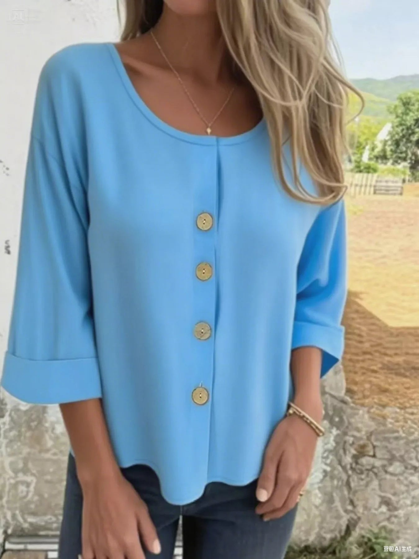 Full Size Button-Front 3/4 Sleeve Casual Blouse Plus Size -  Be Bliss Boutique