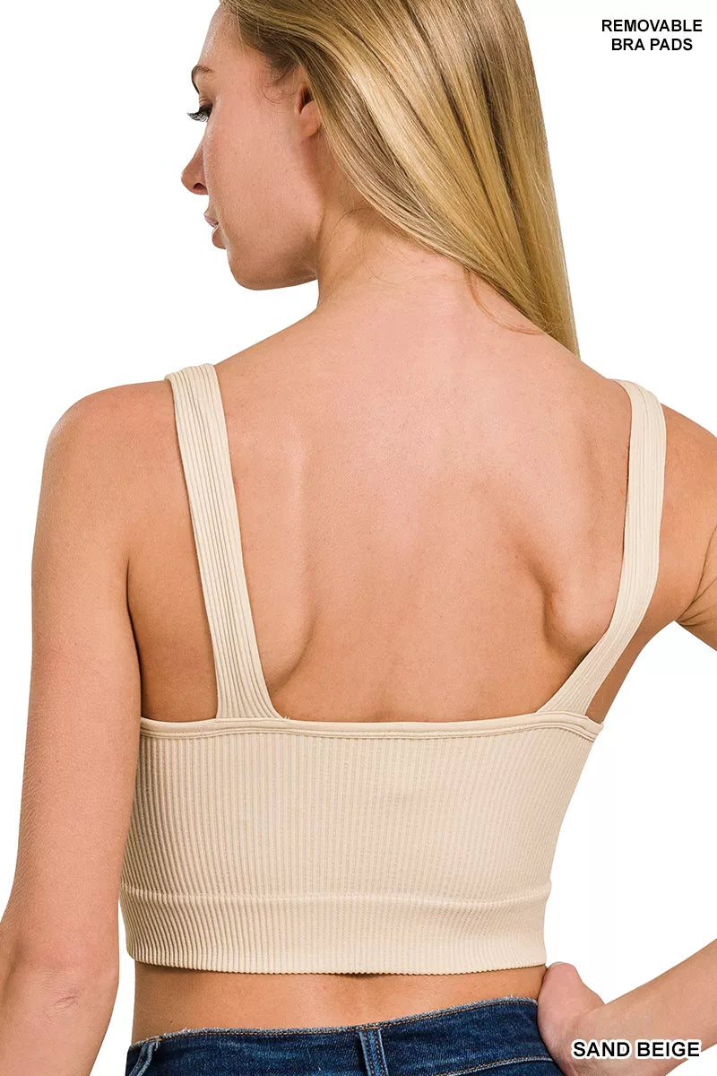 Zenana Seamless Ribbed Cropped Bra Padded V Neck Tank Top - Be Bliss Boutique