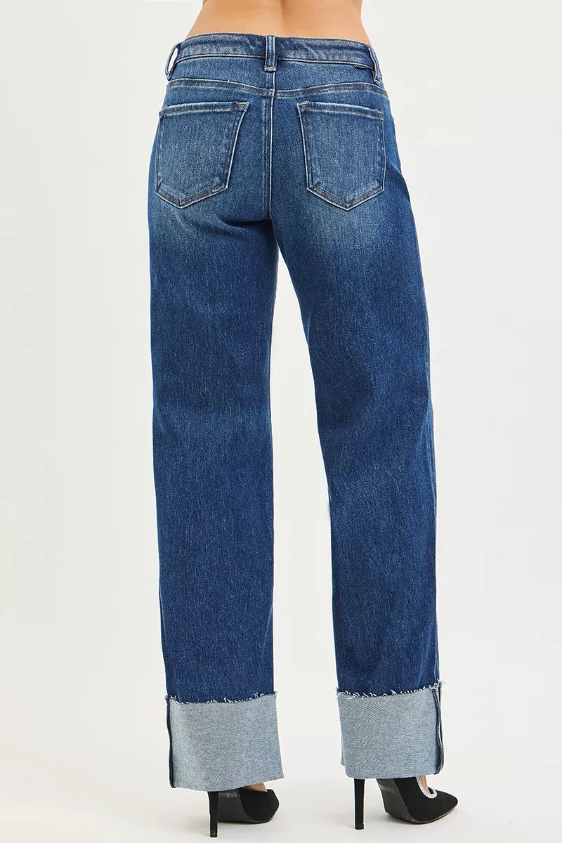 RISEN Jeans - Mid Rise Wide Straight Jeans With Wide Cuff - Be Bliss Boutique