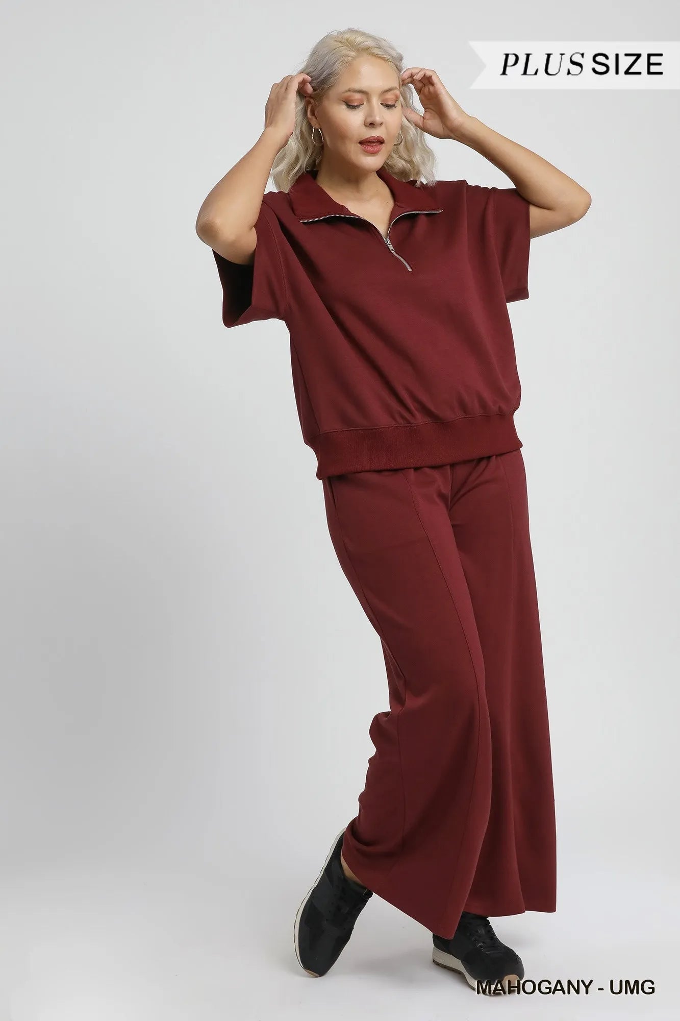 Umgee Full Size Half-Zip Short Sleeve Top Plus Size -  Be Bliss Boutique