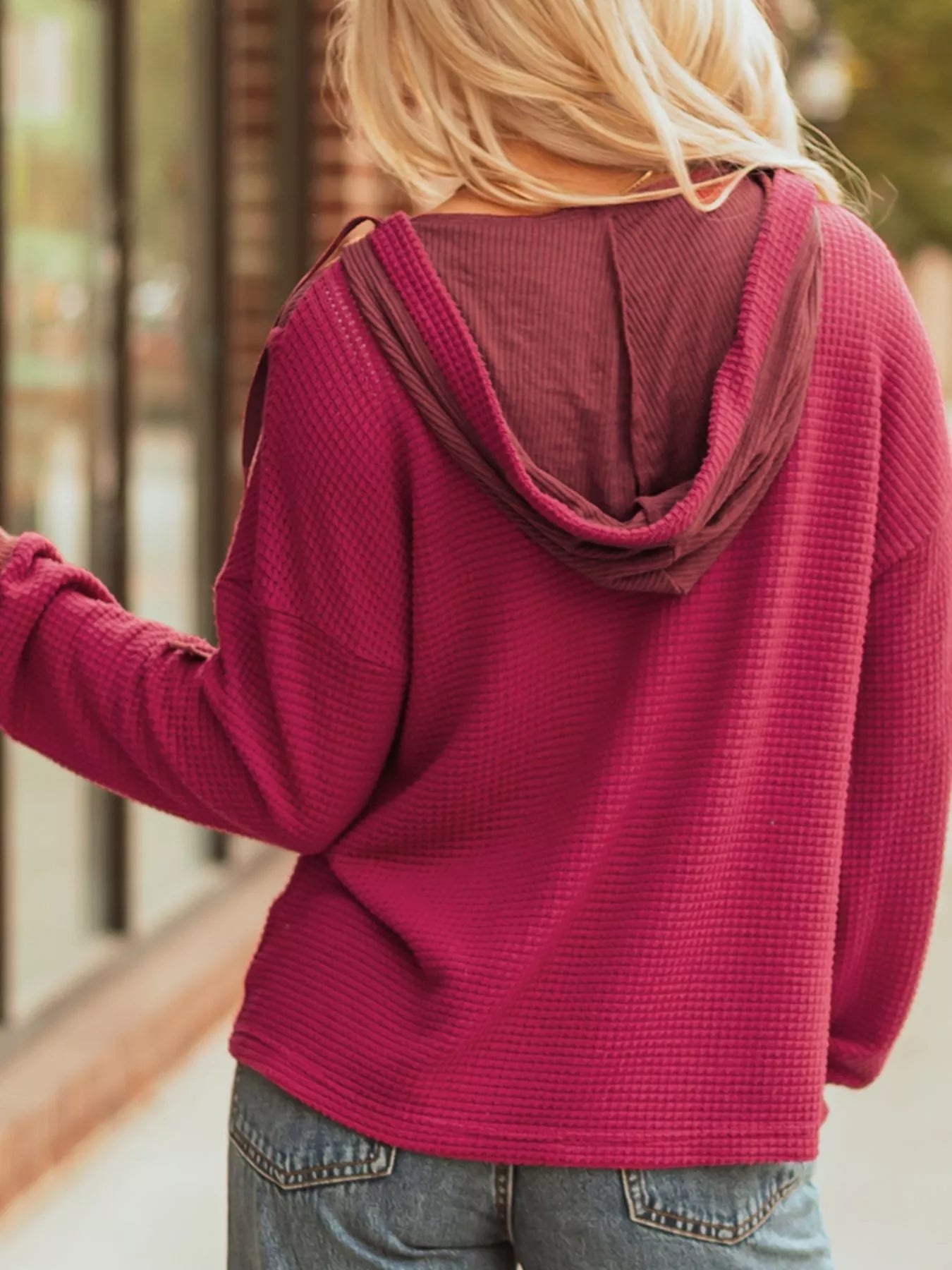Waffle Knit Henley Sweatshirt with Button Detail -  Be Bliss Boutique