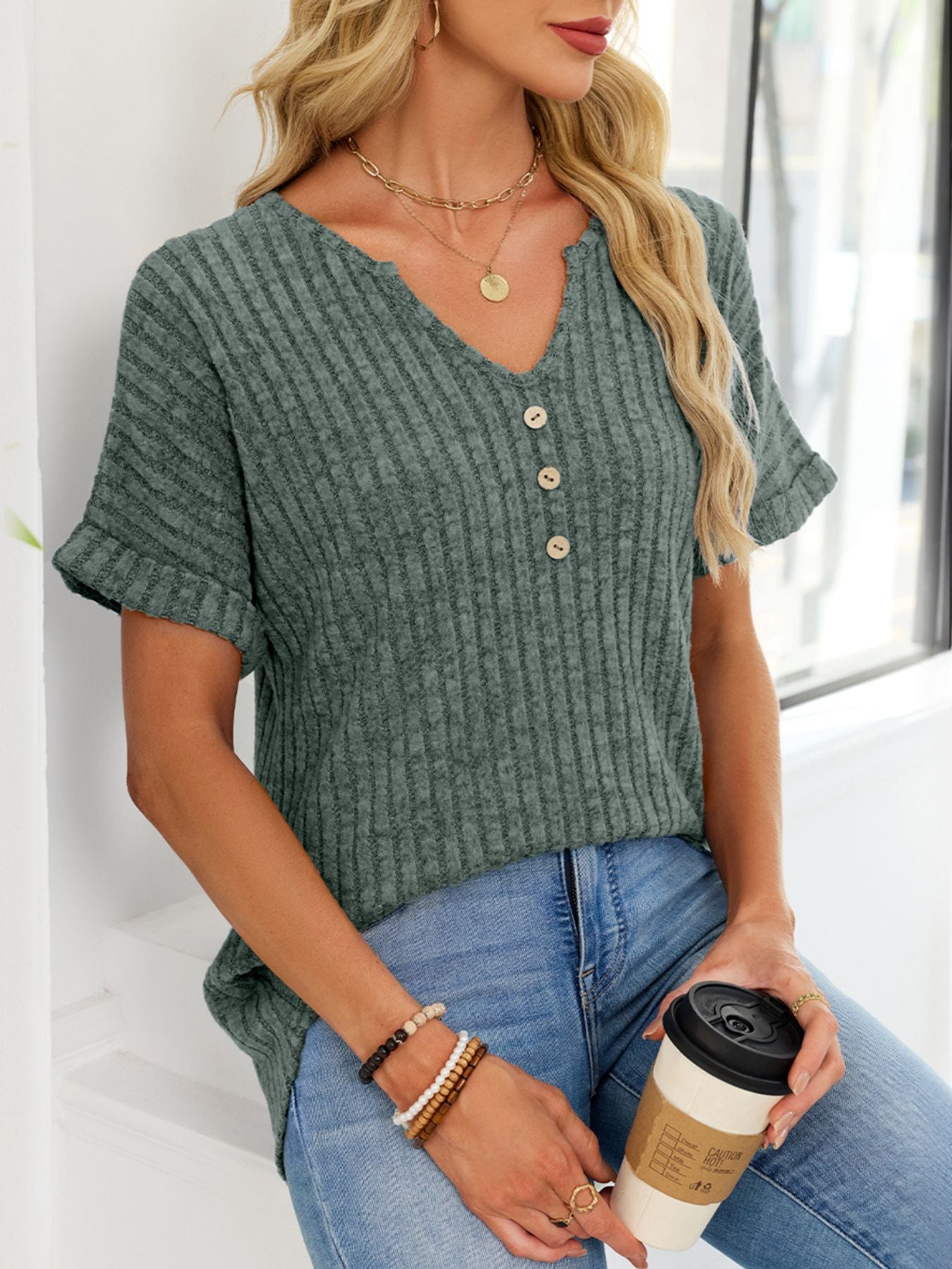 Women's Ribbed Knit Button V Neck Short Sleeve T Shirt - Be Bliss Boutique