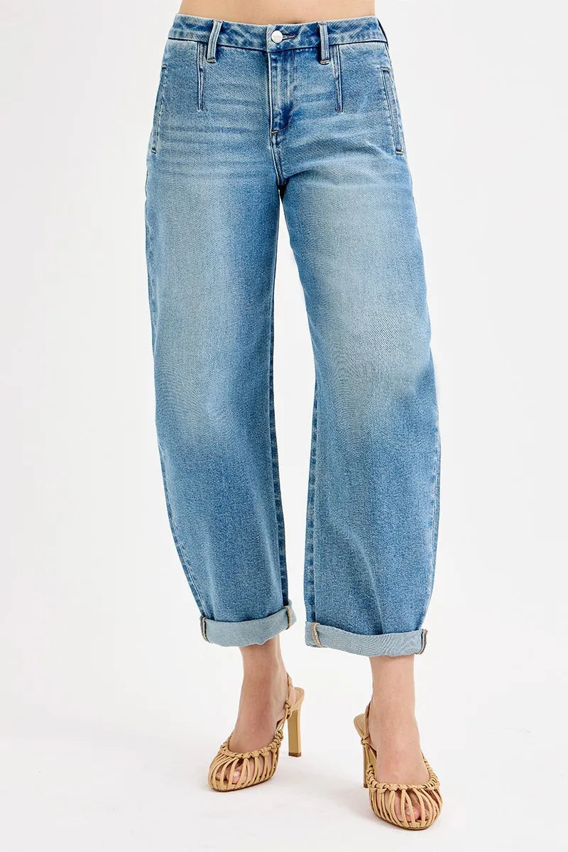 RISEN Full Size Mid Rise Fit Barrel Roll Up Jeans Plus Size -  Be Bliss Boutique