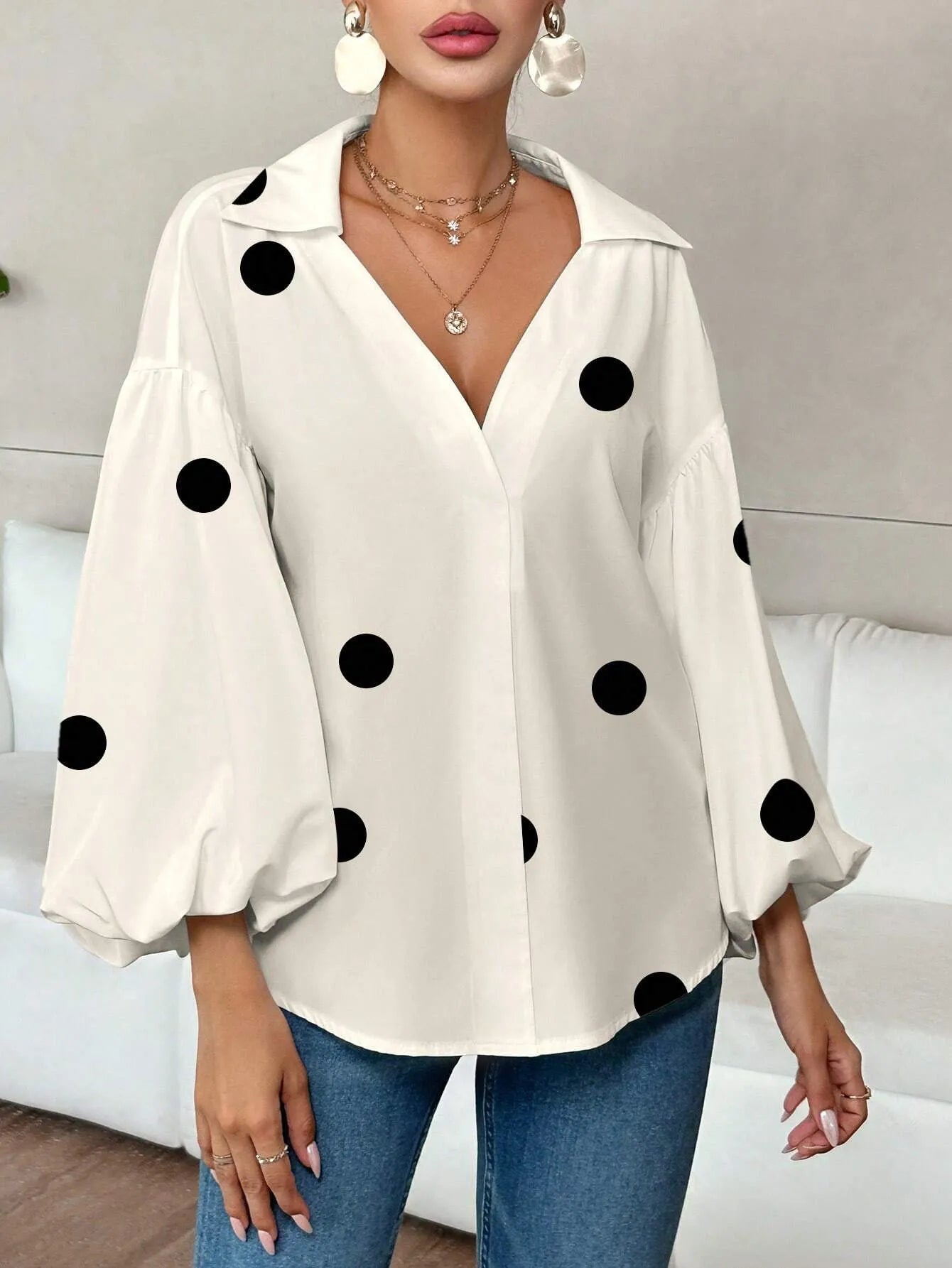 Polka Dot Balloon Sleeve Blouse -  Be Bliss Boutique