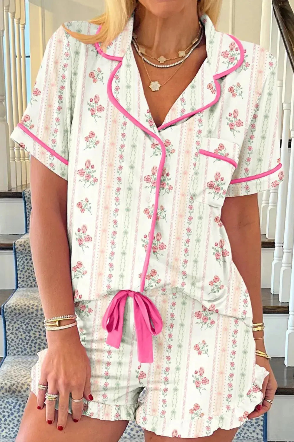 Printed Button Up Short Sleeve Top and Shorts Lounge Set 