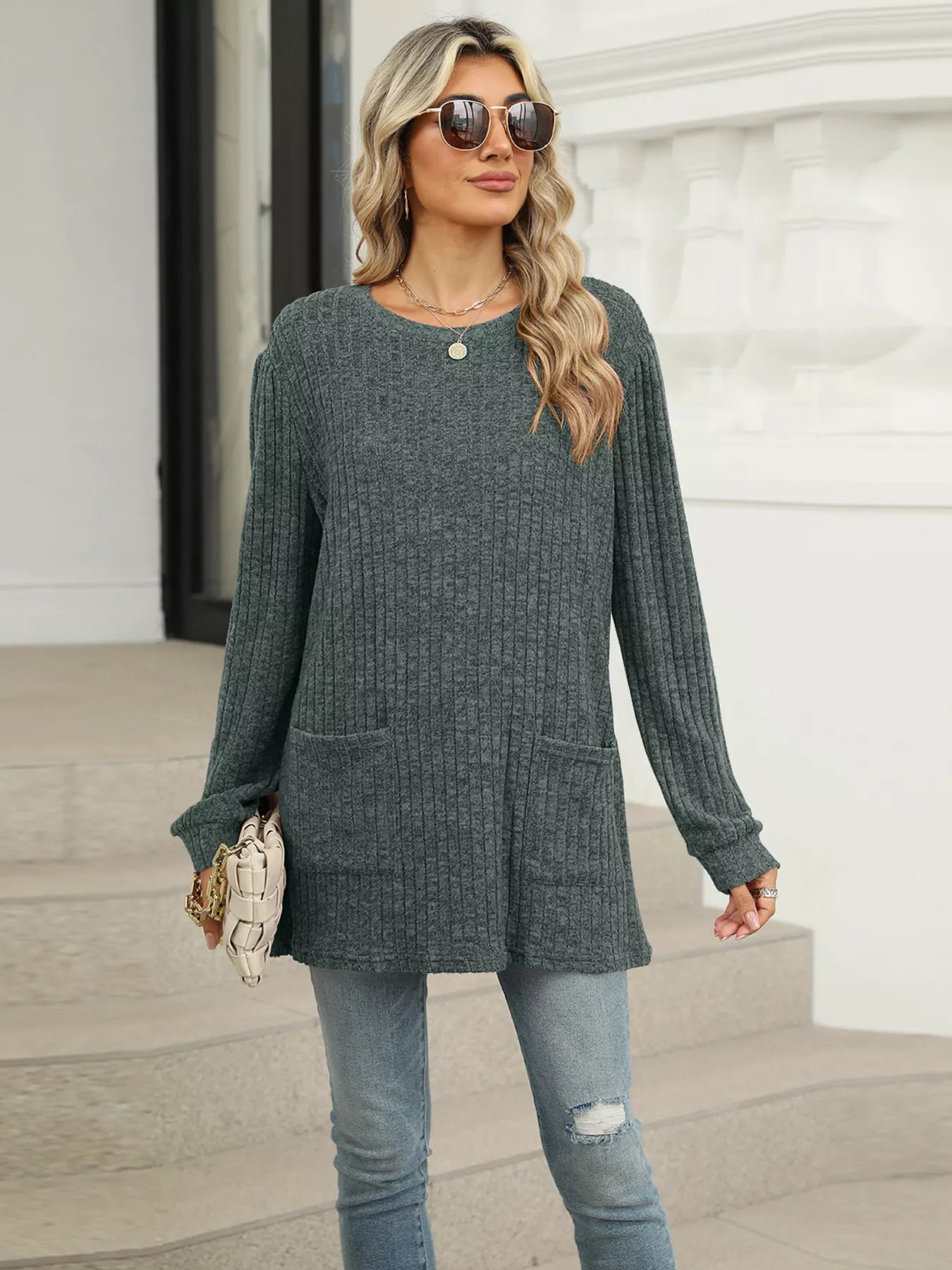 Cozy Ribbed Knit Long Sleeve Tunic Top with Pockets -  Be Bliss Boutique