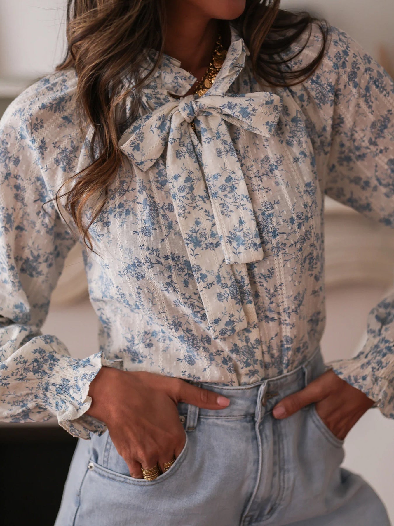 Floral Print Tie Neck Long Sleeve Blouse - Be Bliss Boutique