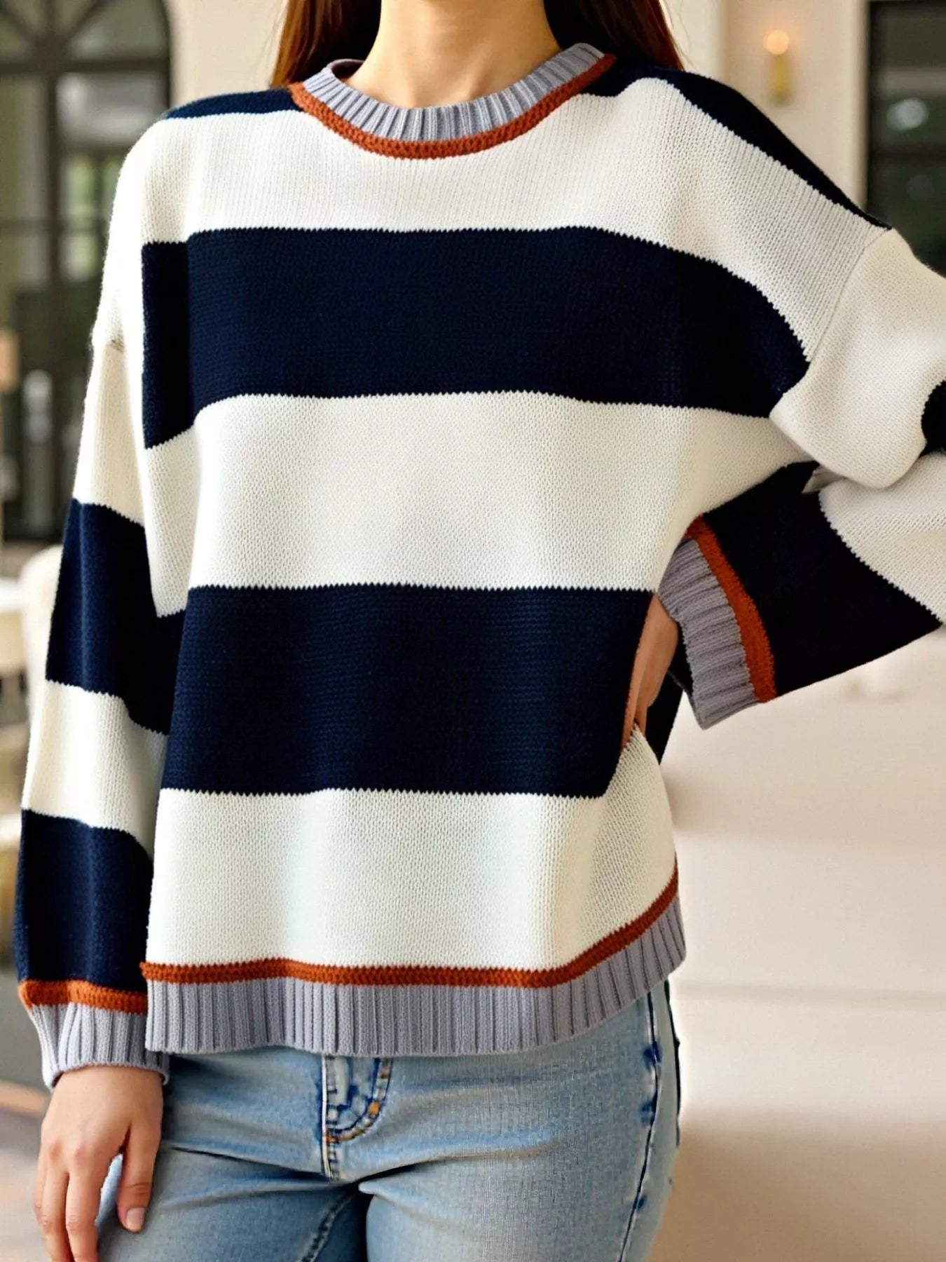 Color Block Round Neck Sweater -  Be Bliss Boutique