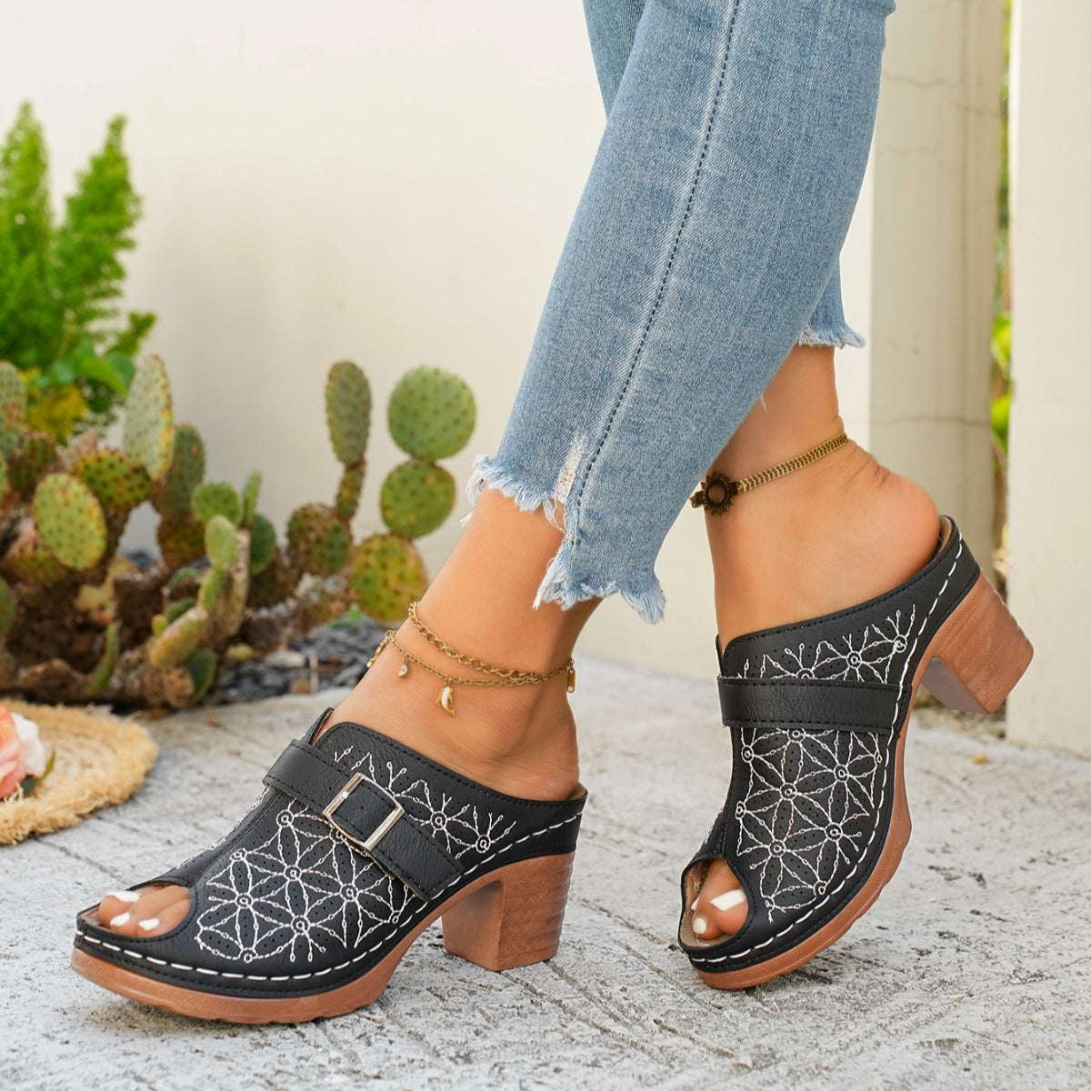 Buckle Decor Block Heel Sandals - Be Bliss Boutique