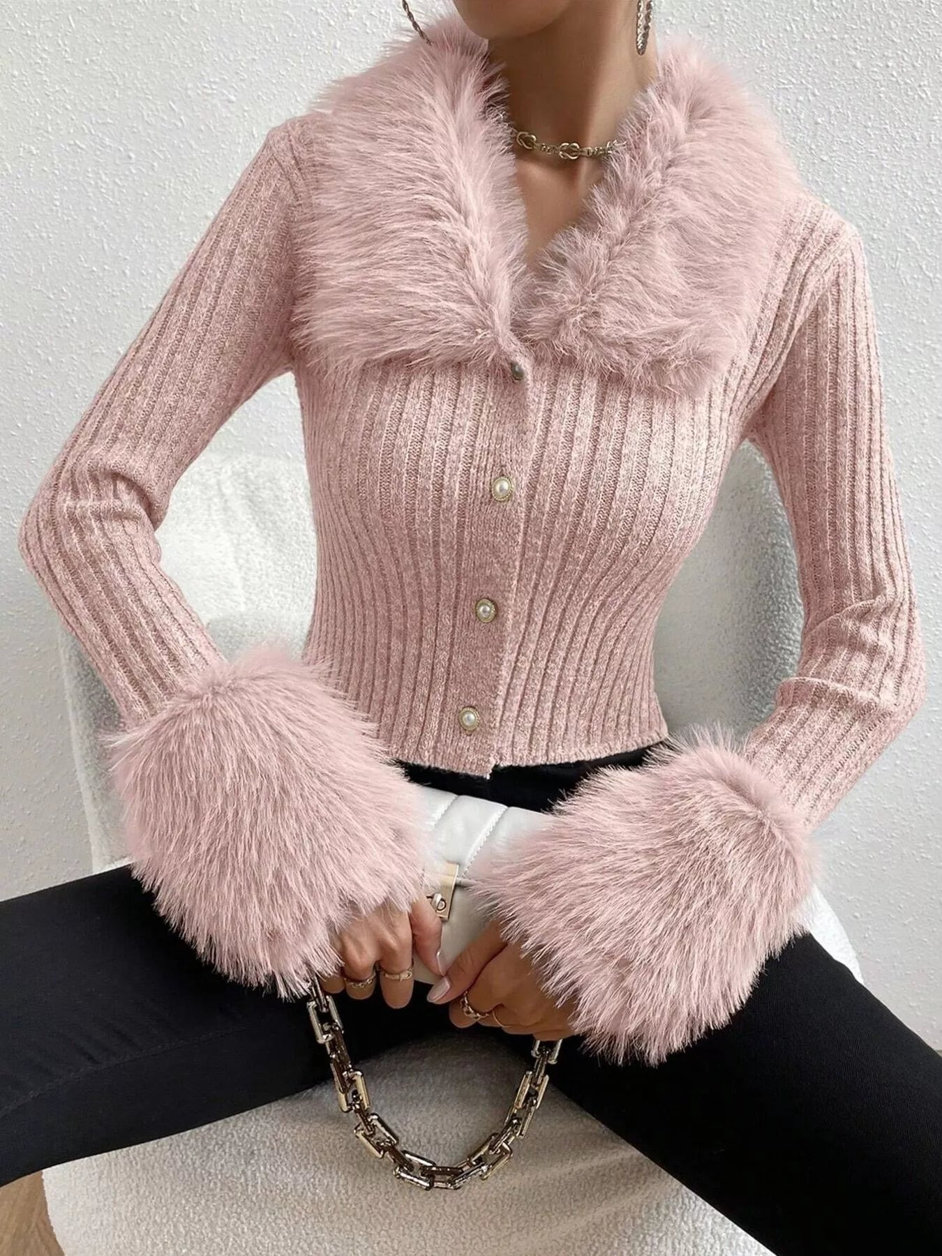 Faux Fur Trim Ribbed Knit Cropped Cardigan - Be Bliss Boutique