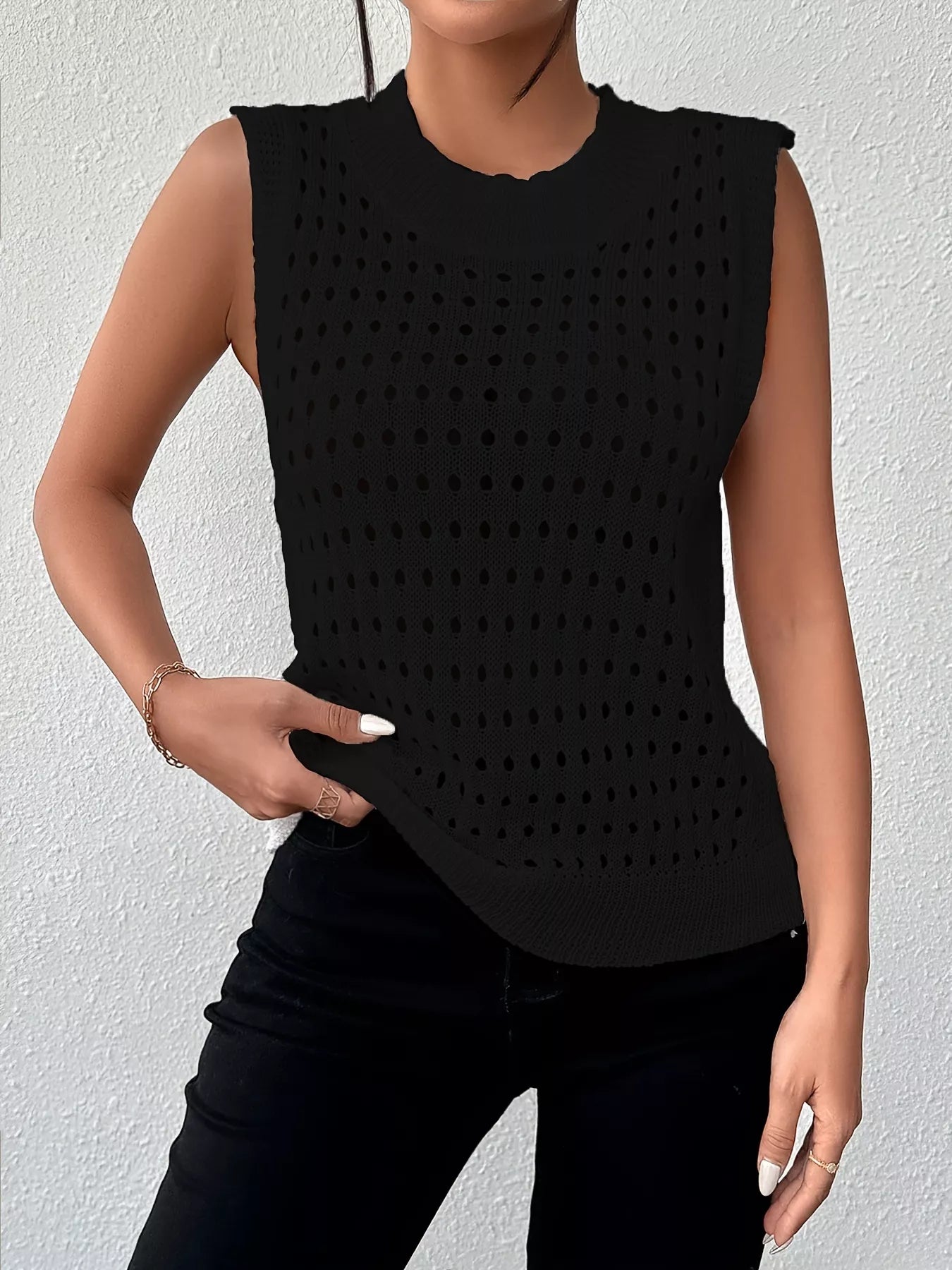Hollow Out Round Neck Knit Tank -  Be Bliss Boutique