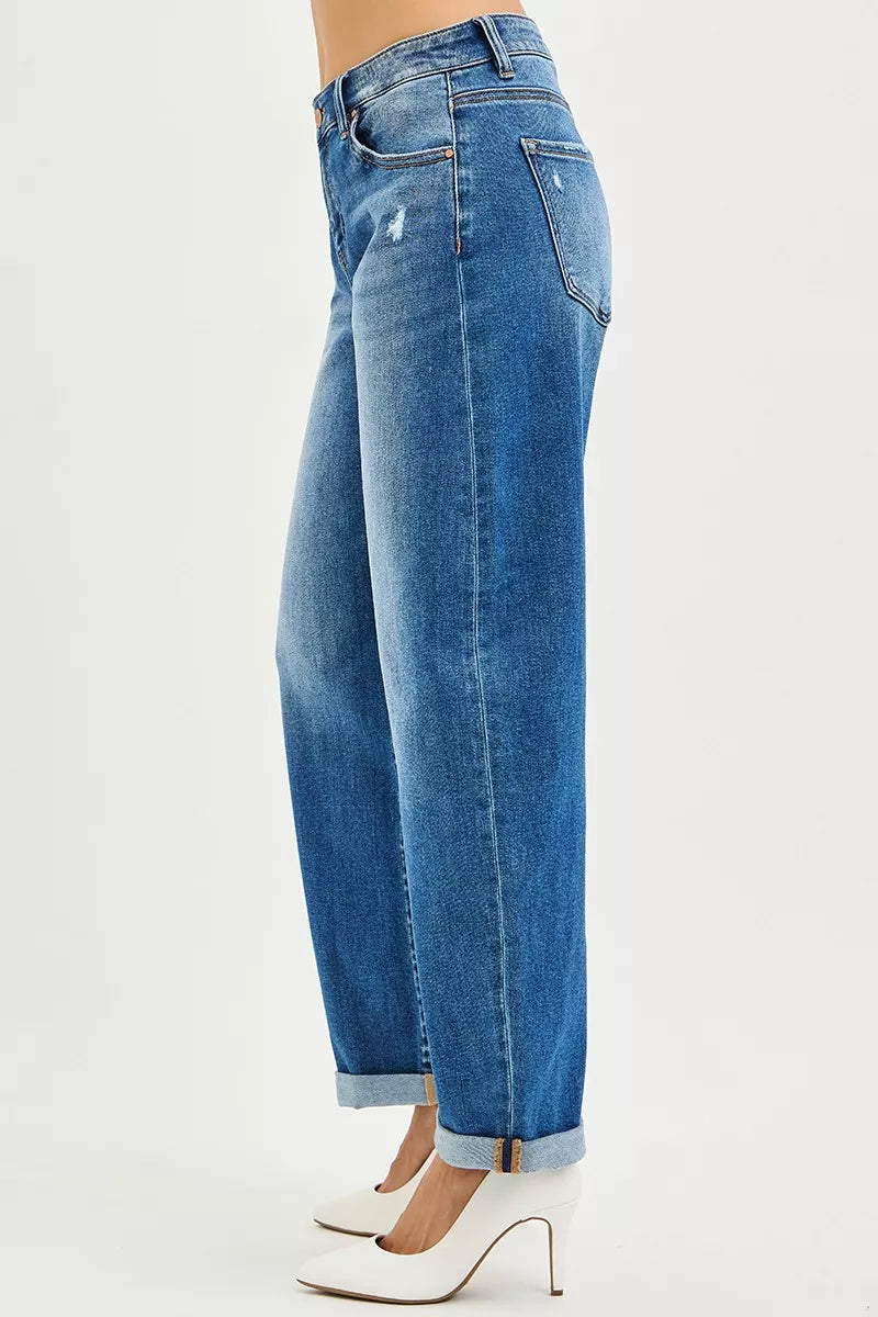 RISEN Jeans - Full Size Mid Rise Barrel Double Roll Up Jeans - Be Bliss Boutique