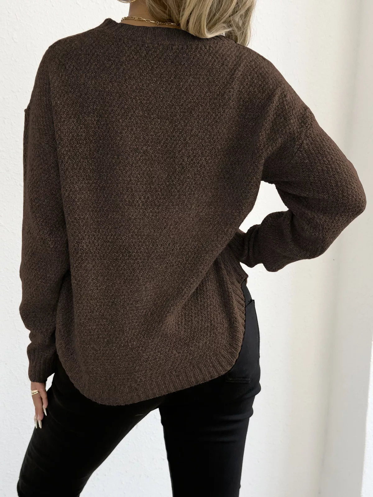 Textured Knit Relaxed Fit Round Neck Sweater - Be Bliss Boutique