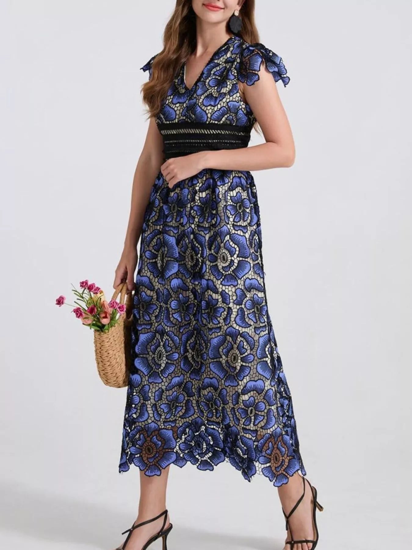 Printed V-Neck Ruffle Sleeve Midi Dress - Be Bliss Boutique