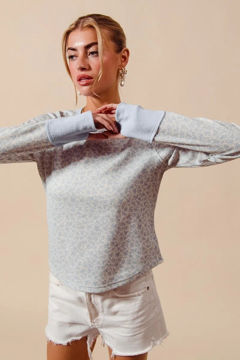 SO ME Textued Floral Knit Top with Contrast Cuffs -  Be Bliss Boutique