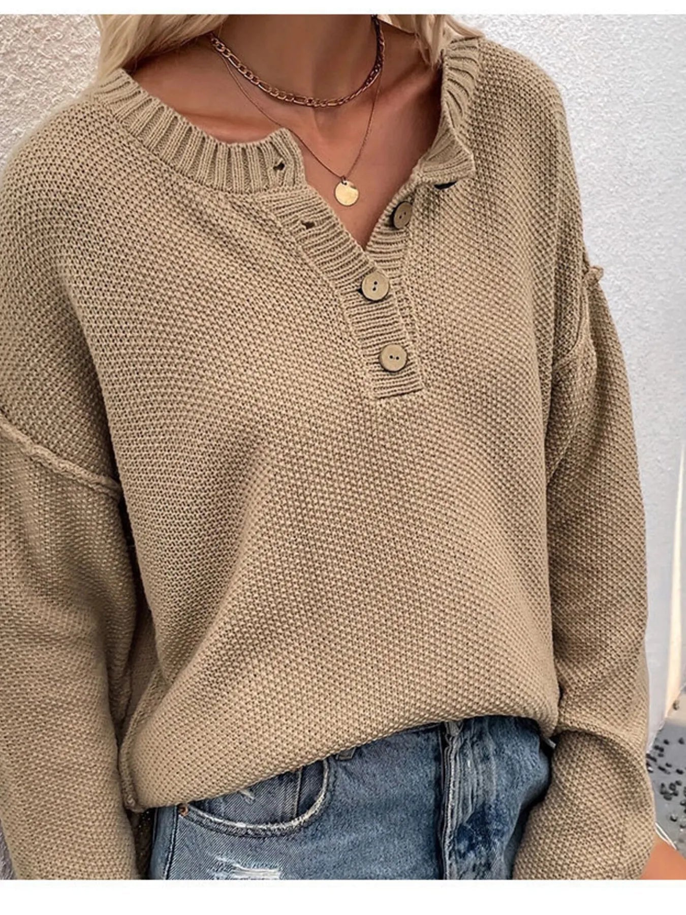 Button Detail Long Sleeve Knit Top -  Be Bliss Boutique