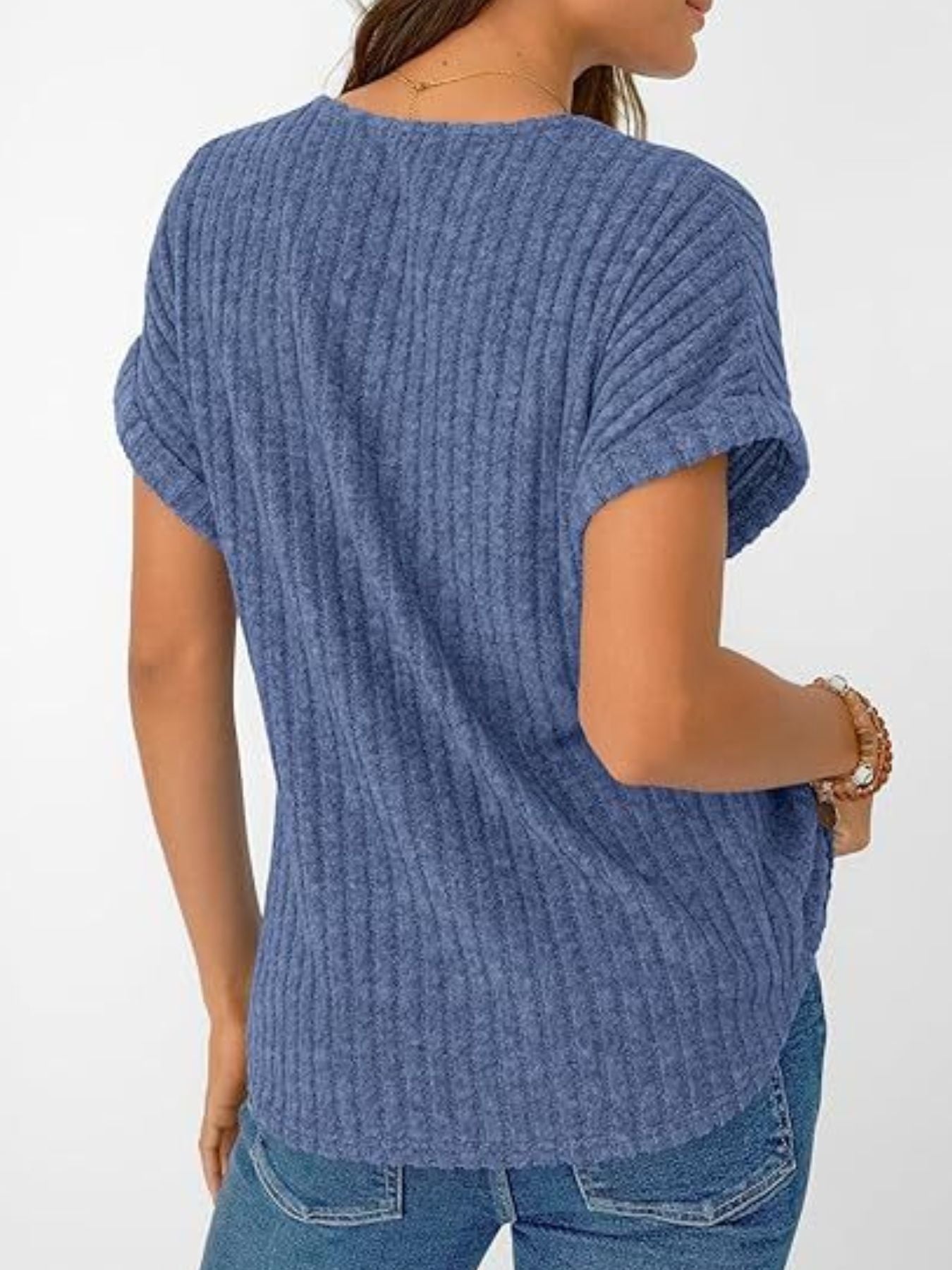 Ribbed Knit V Neck Relaxed Fit T Shirt - Be Bliss Boutique