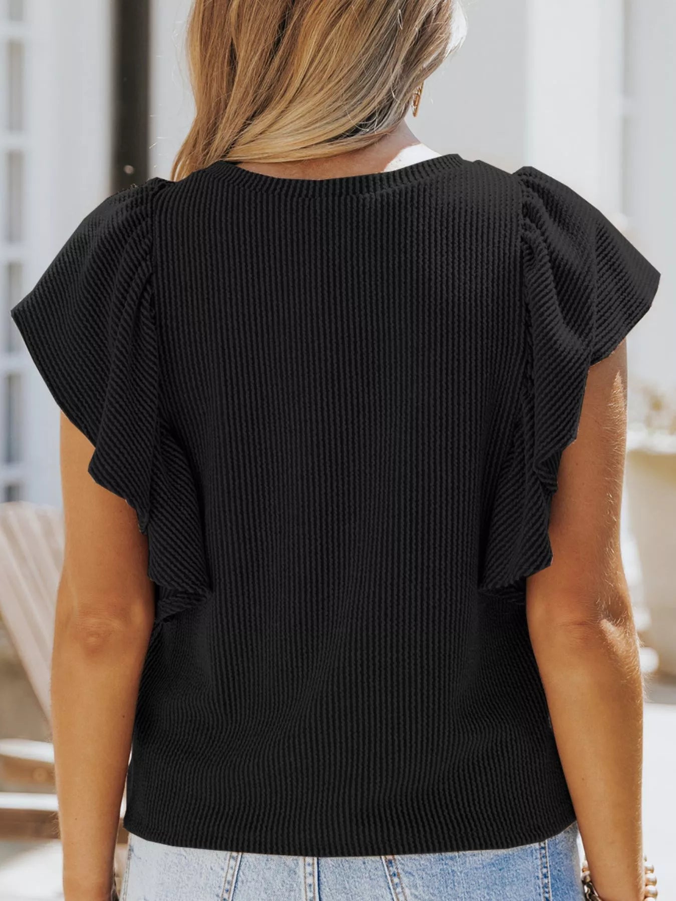 Full Size Ruffled Sleeve Ribbed Knit T Shirt - Be Bliss Boutique