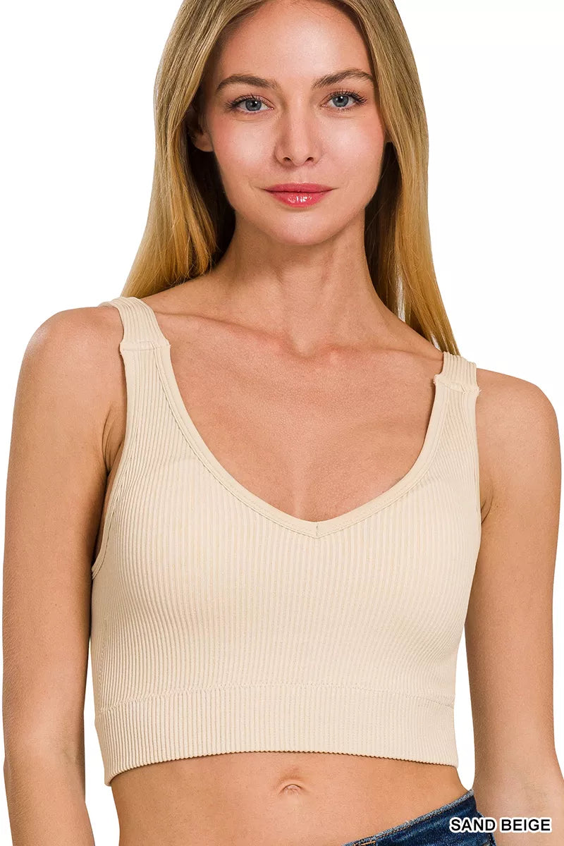 Zenana Seamless Ribbed Cropped Bra Padded V Neck Tank Top - Be Bliss Boutique