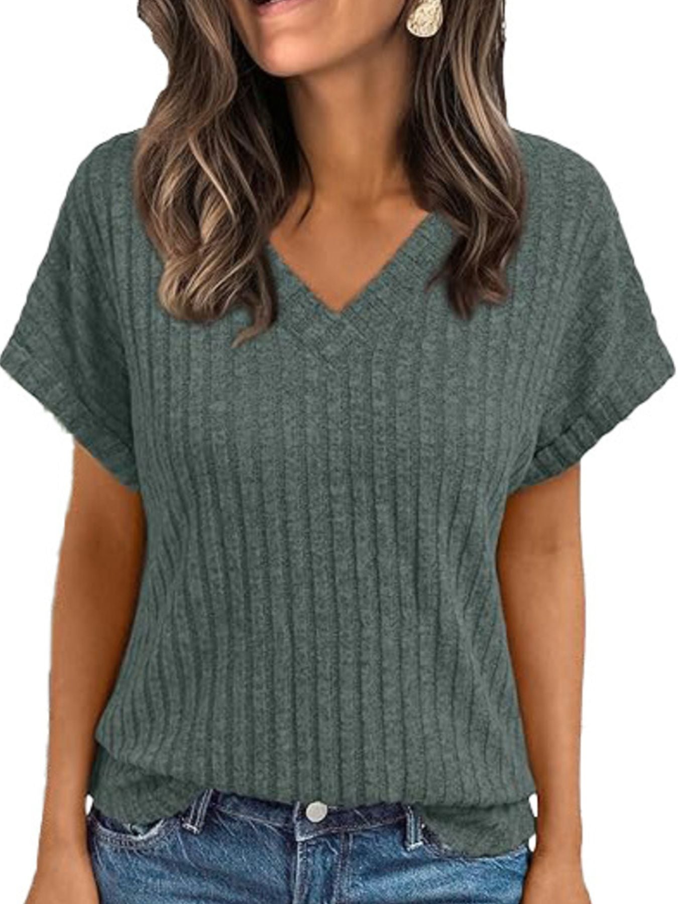 Ribbed Knit V Neck Relaxed Fit T Shirt - Be Bliss Boutique