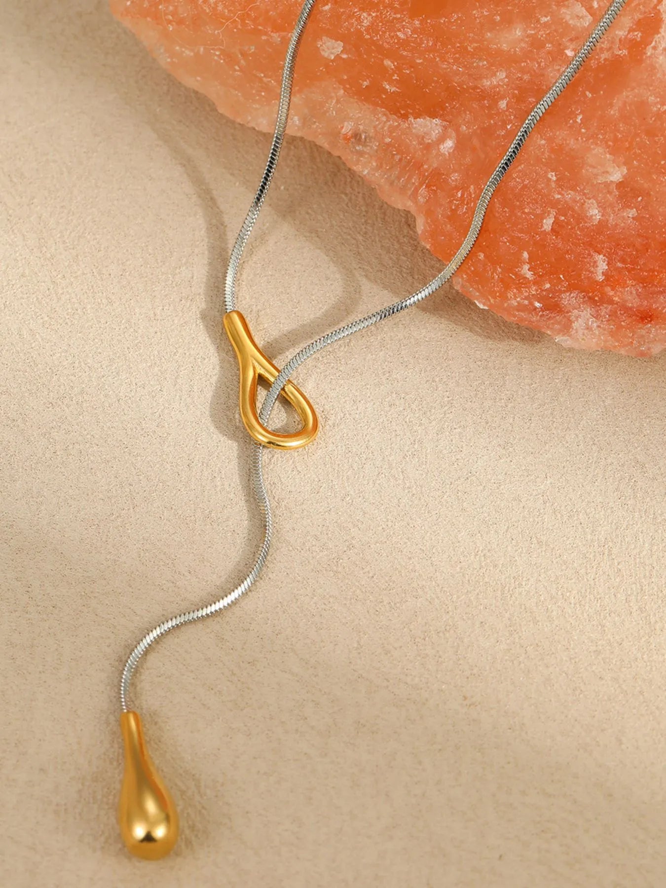 Stainless Steel Teardrop Lariat Necklace – Minimalist Gold Accent Jewelry | Be Bliss Boutique