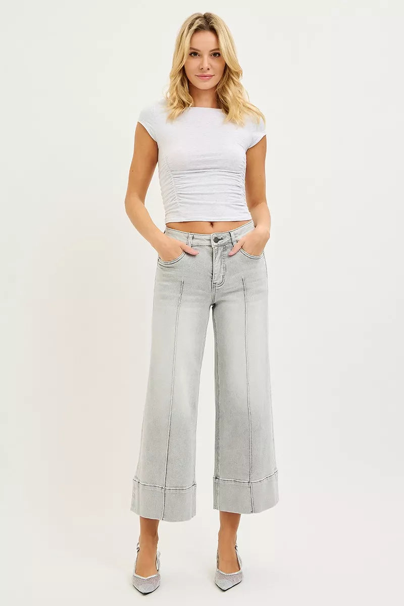 RISEN Jeans - Tummy Control Mid Rise Crop Wide Pintuck Front Jeans - Be Bliss Boutique