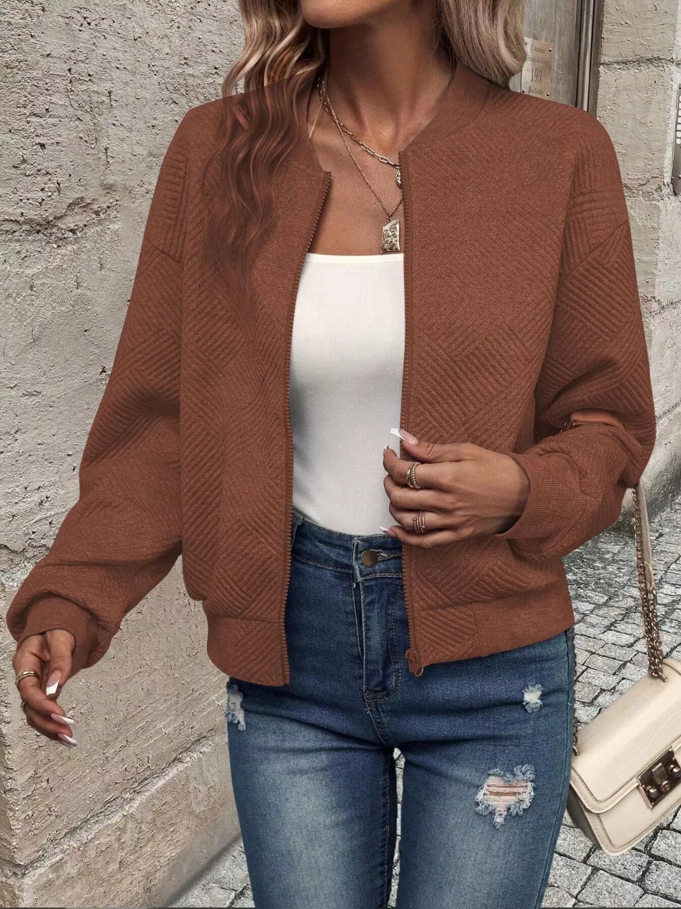 Texture Zip-Up Bomber Jacket - Be Bliss Boutique