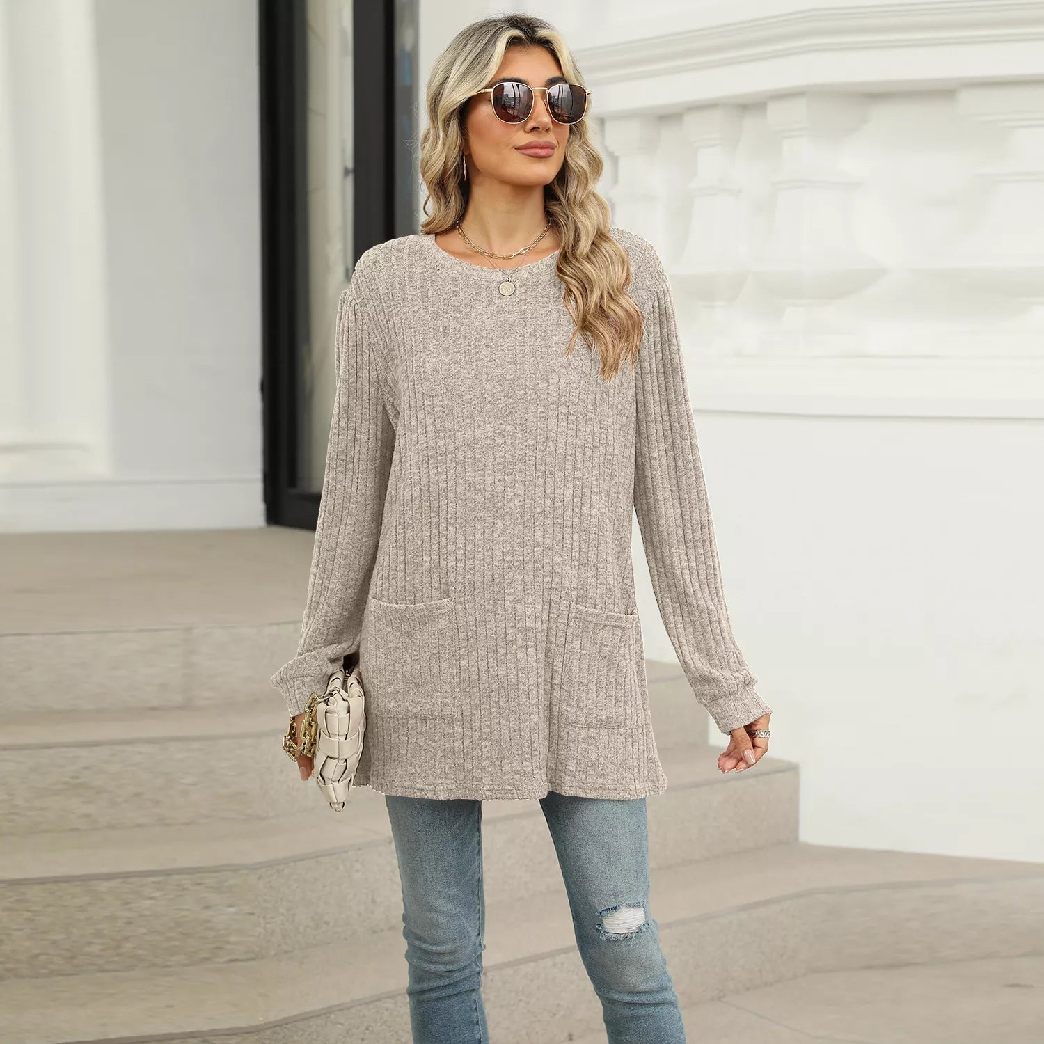 Ribbed Knit Long Sleeve T-Shirt -  Be Bliss Boutique
