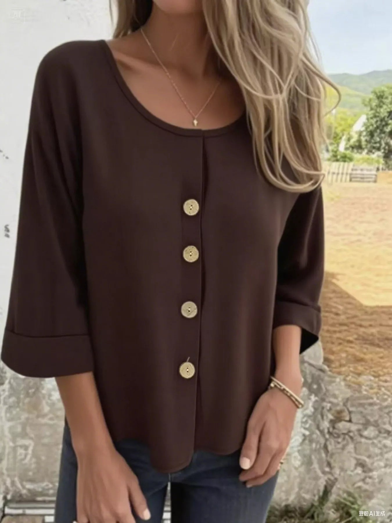 Full Size Button-Front 3/4 Sleeve Casual Blouse Plus Size -  Be Bliss Boutique