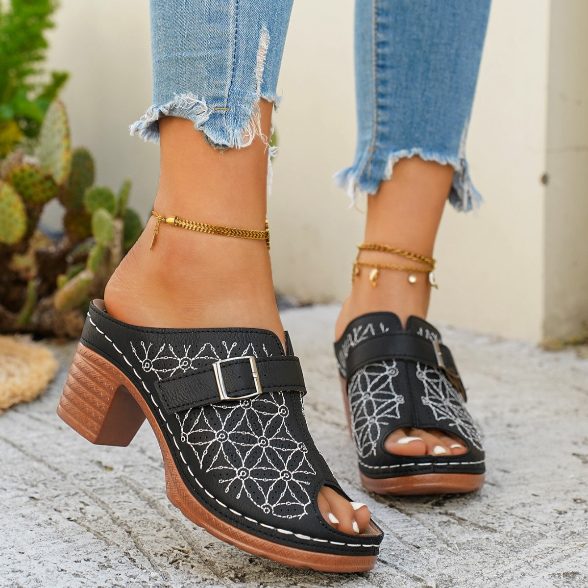 Buckle Decor Block Heel Sandals - Be Bliss Boutique