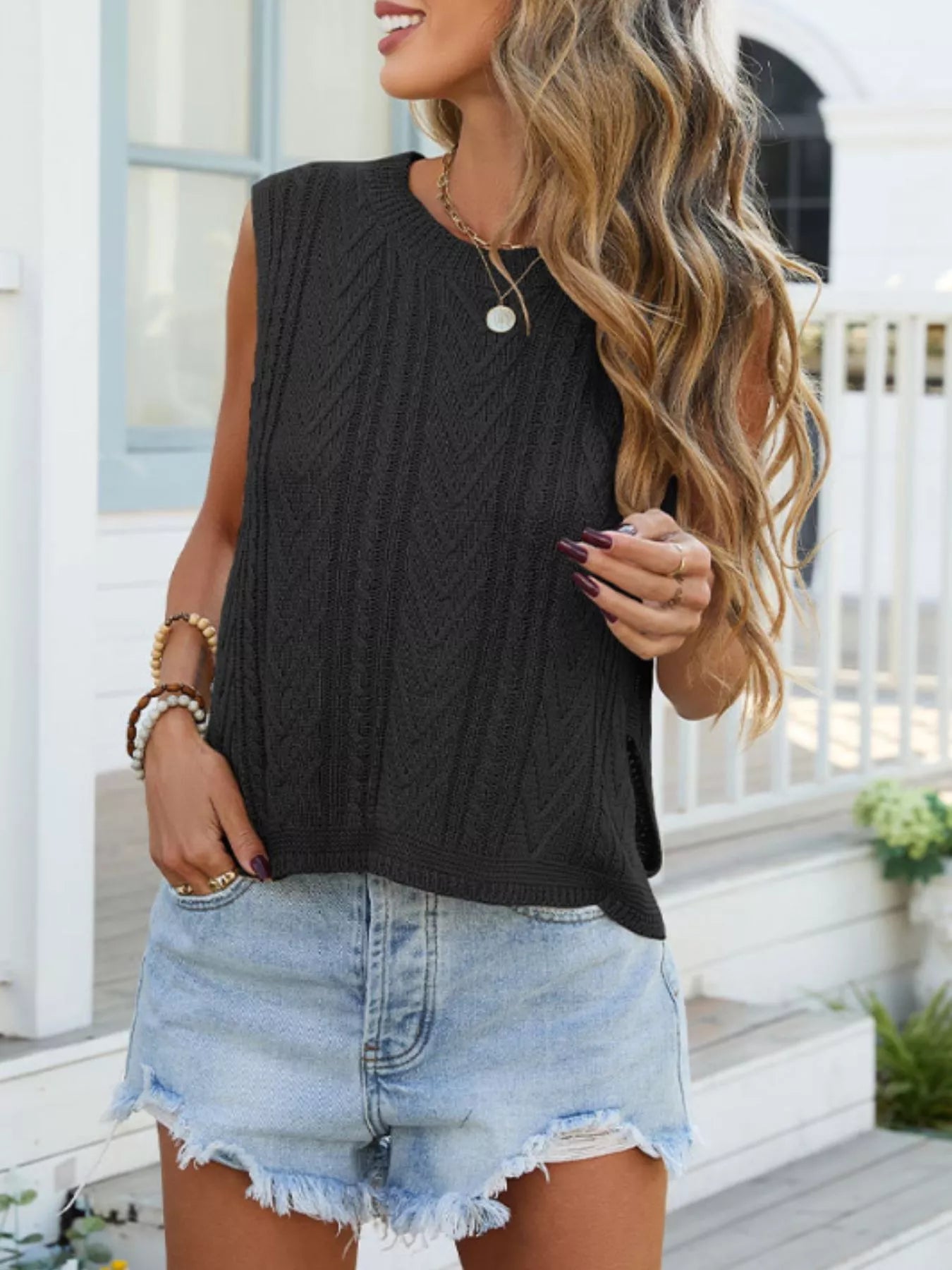 Cable Knit Round Neck Sweater Vest - Be Bliss Boutique