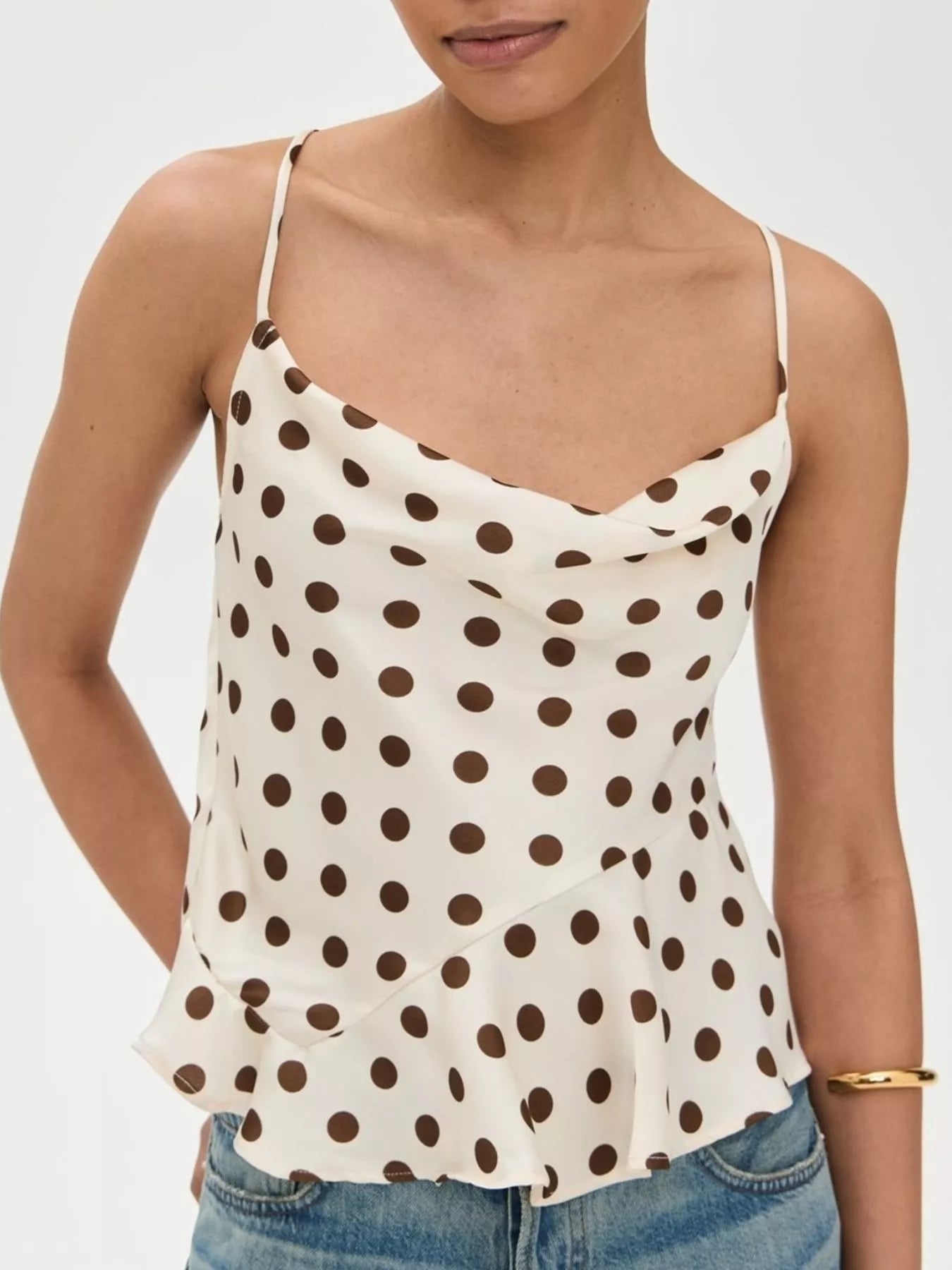 Cowl Neck Polka Dot Cami with Crisscross Back Tie - Be Bliss Boutique