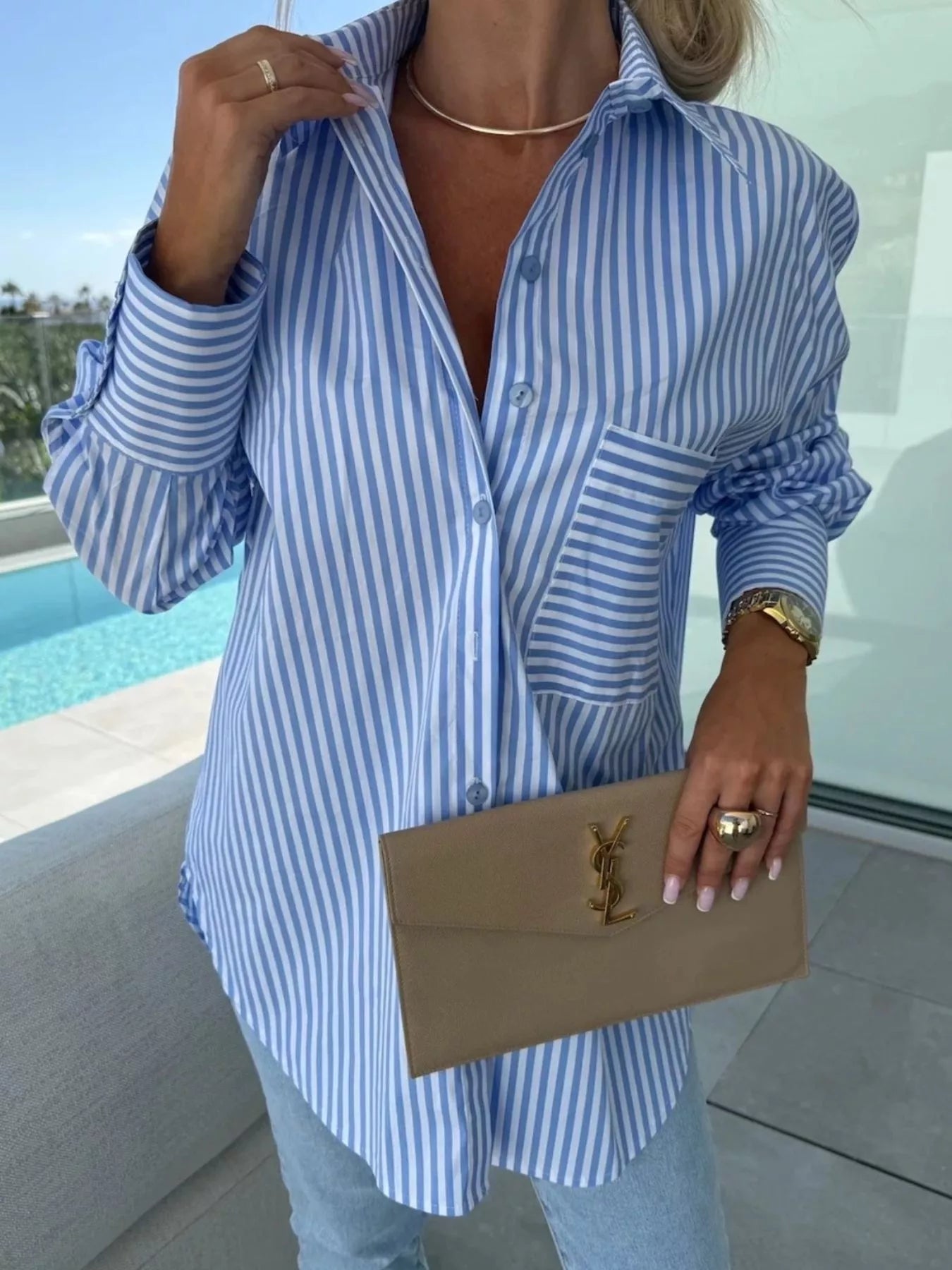 Striped Oversized Button-Down Shirt -  Be Bliss Boutique