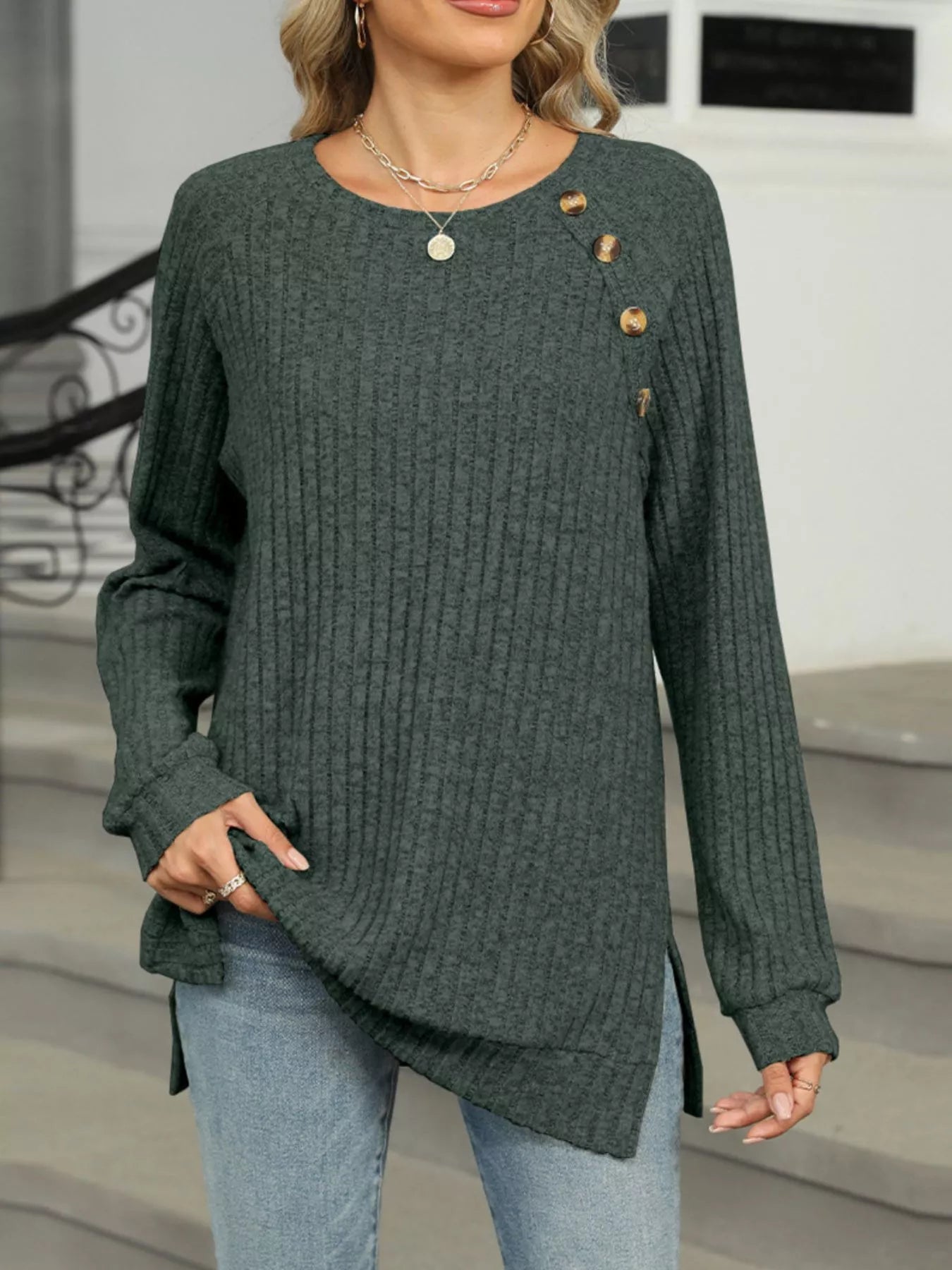 Cozy Chic Ribbed Button Detail Long Sleeve Tunic -  Be Bliss Boutique