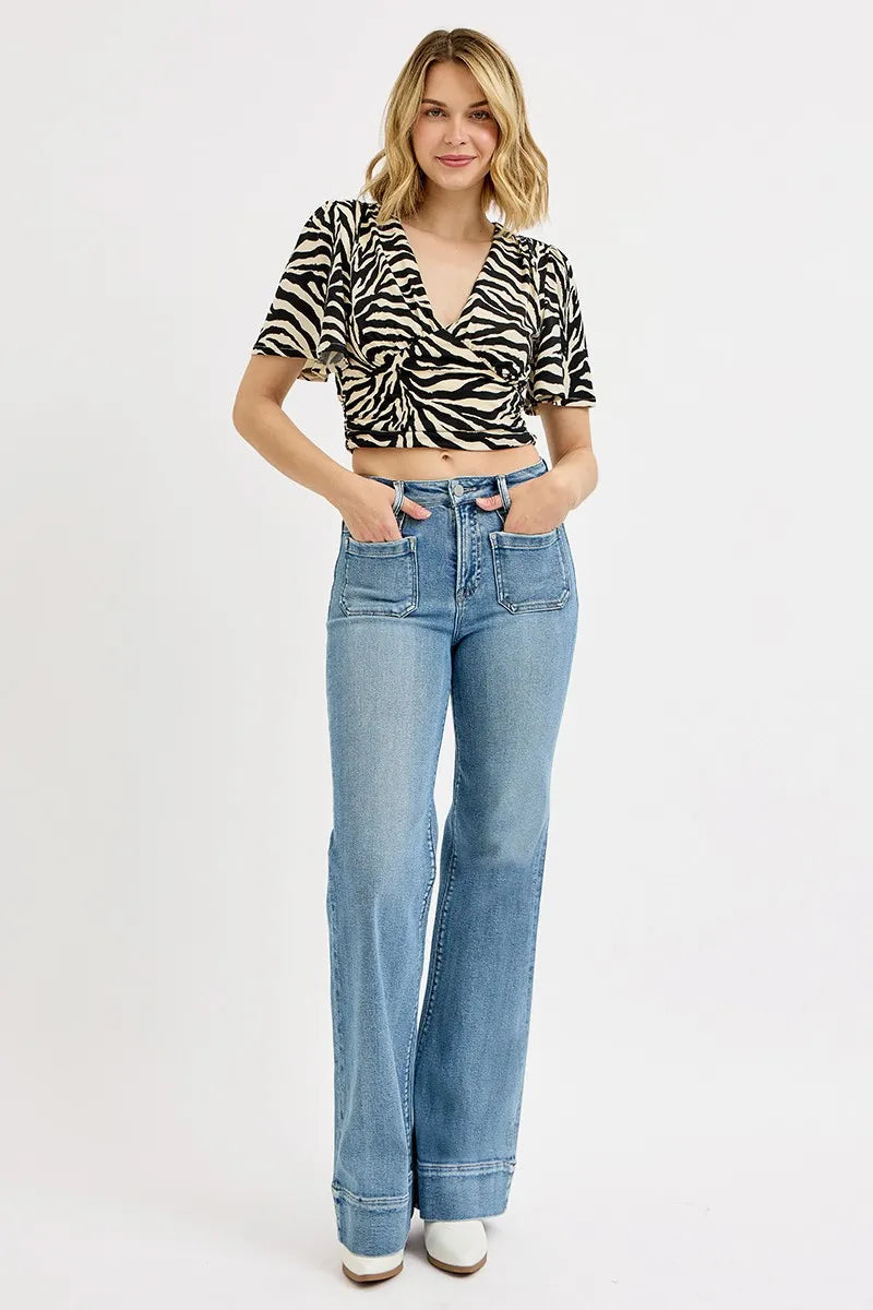 High Rise Wide Flare Patch Pocket RISEN Jeans – Full Size